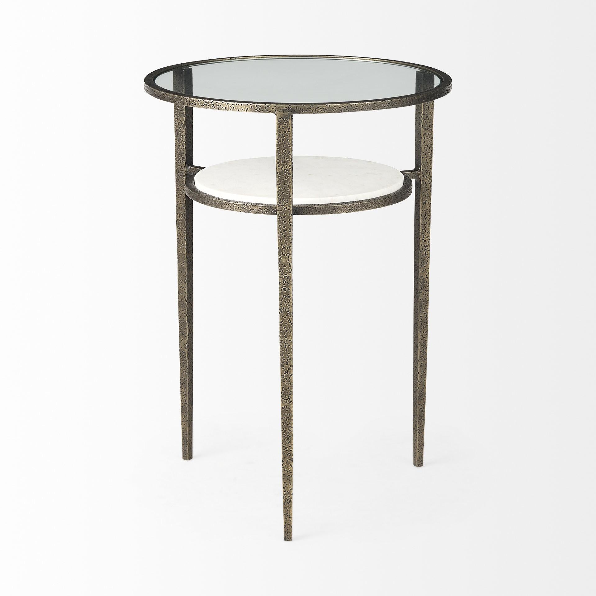 Updated Rustic Glass and Marble Antiqued Gold End Table