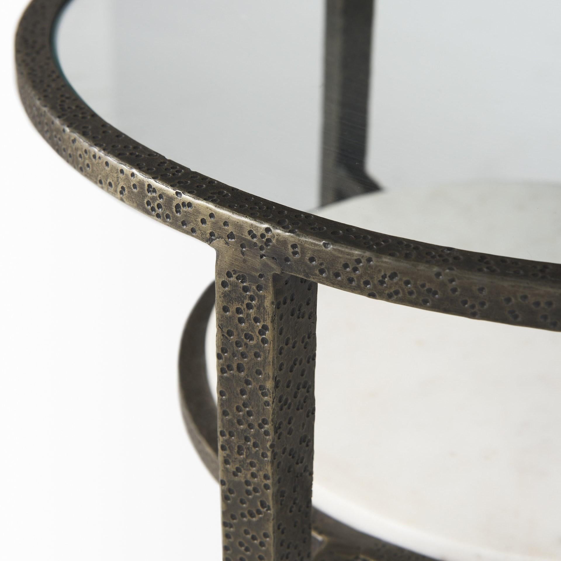 Updated Rustic Glass and Marble Antiqued Gold End Table