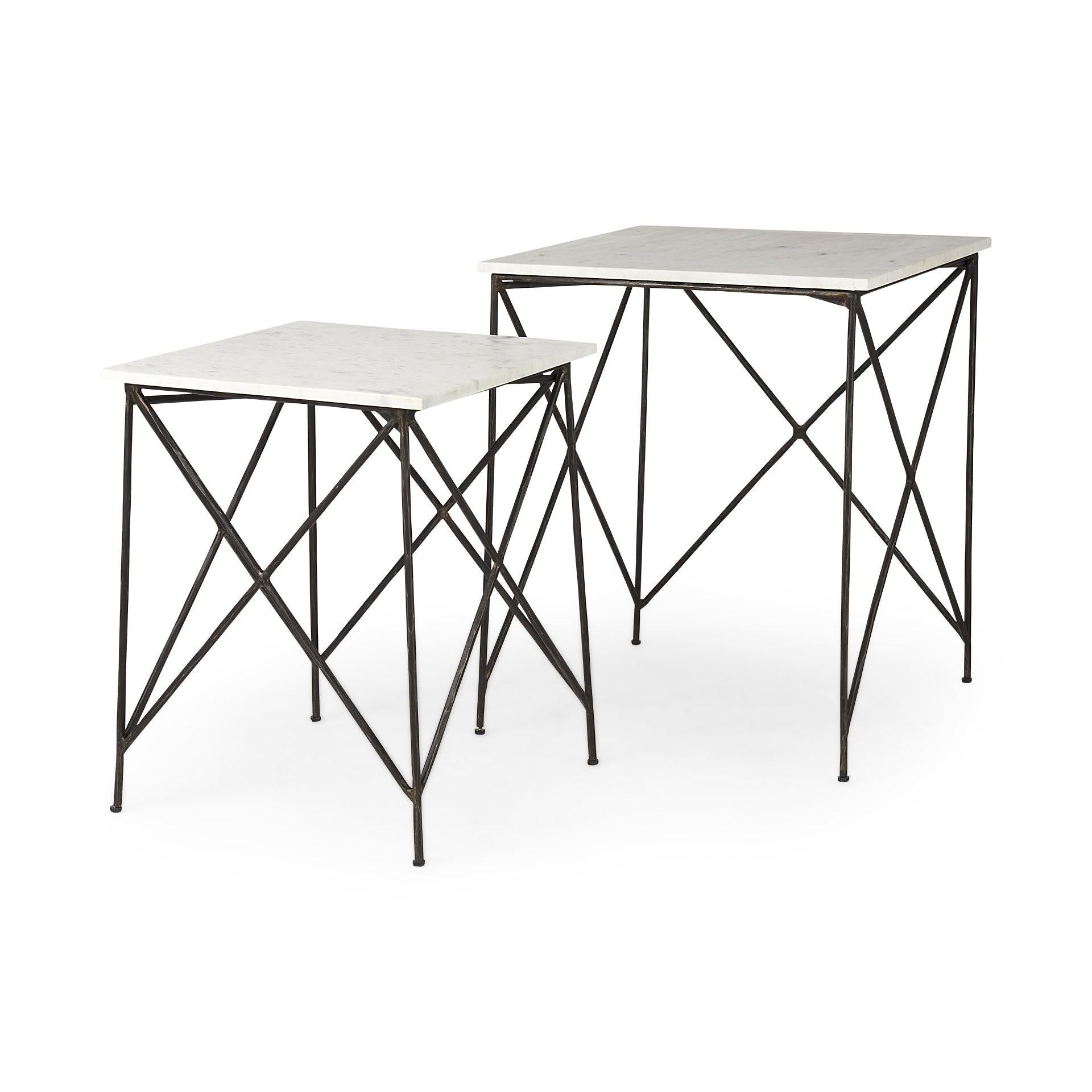 Antiqued Angular Metal and Marble End Table