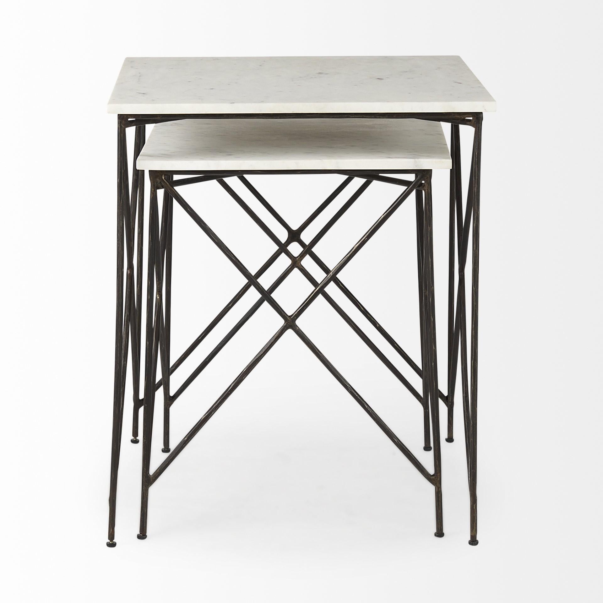 Antiqued Angular Metal and Marble End Table