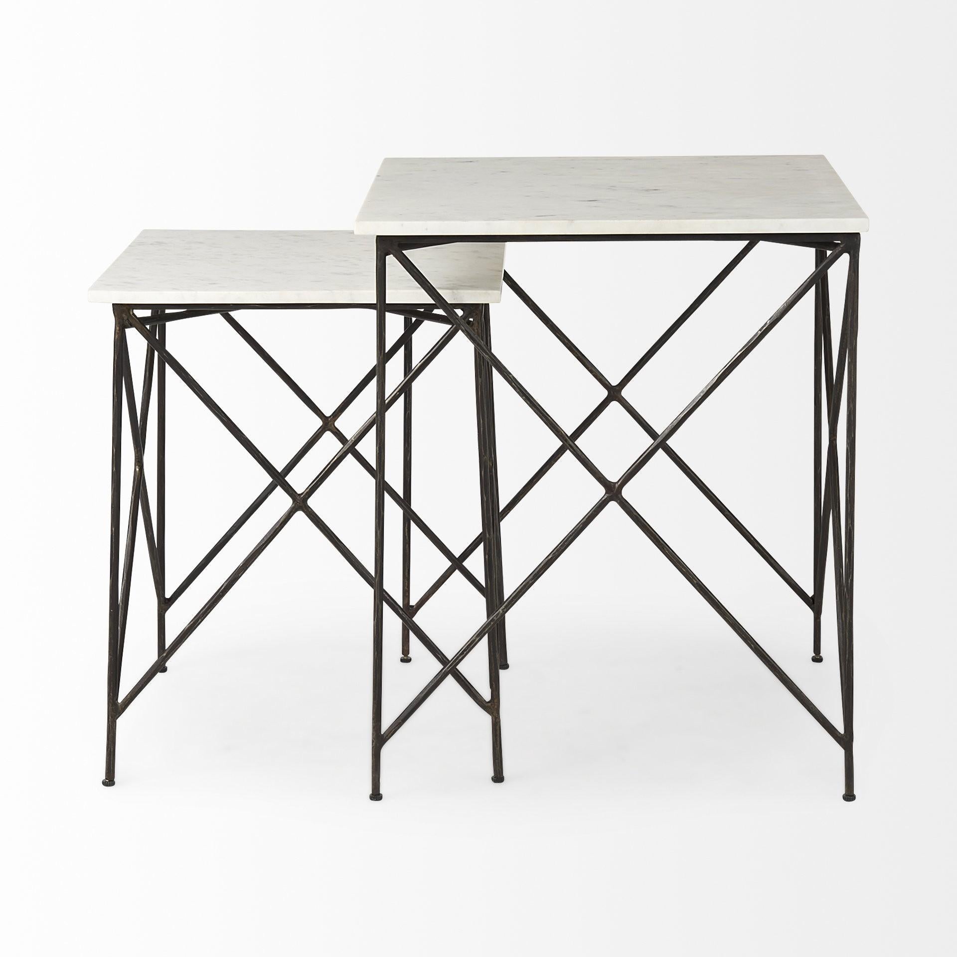 Antiqued Angular Metal and Marble End Table