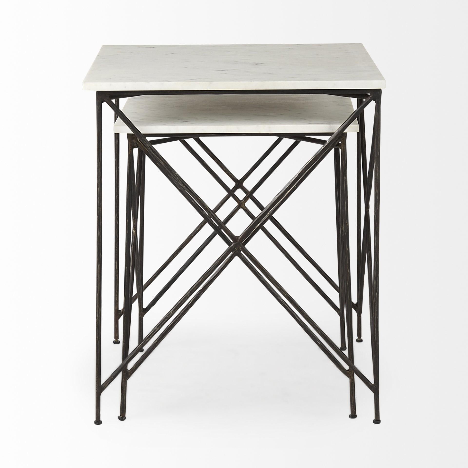 Antiqued Angular Metal and Marble End Table