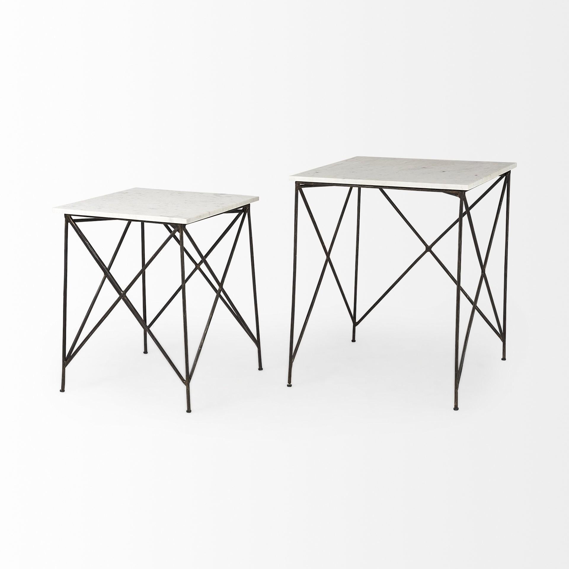 Antiqued Angular Metal and Marble End Table