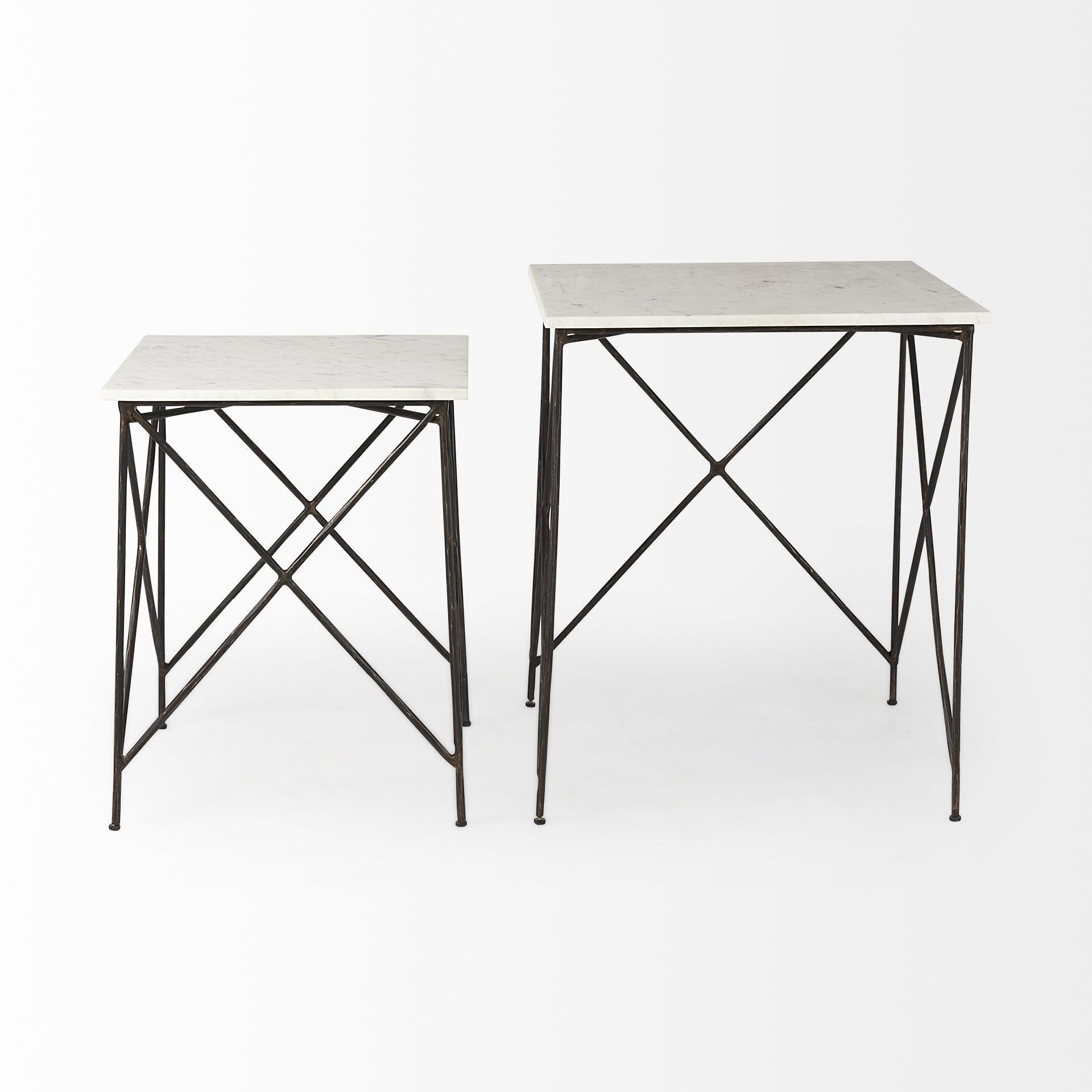 Antiqued Angular Metal and Marble End Table