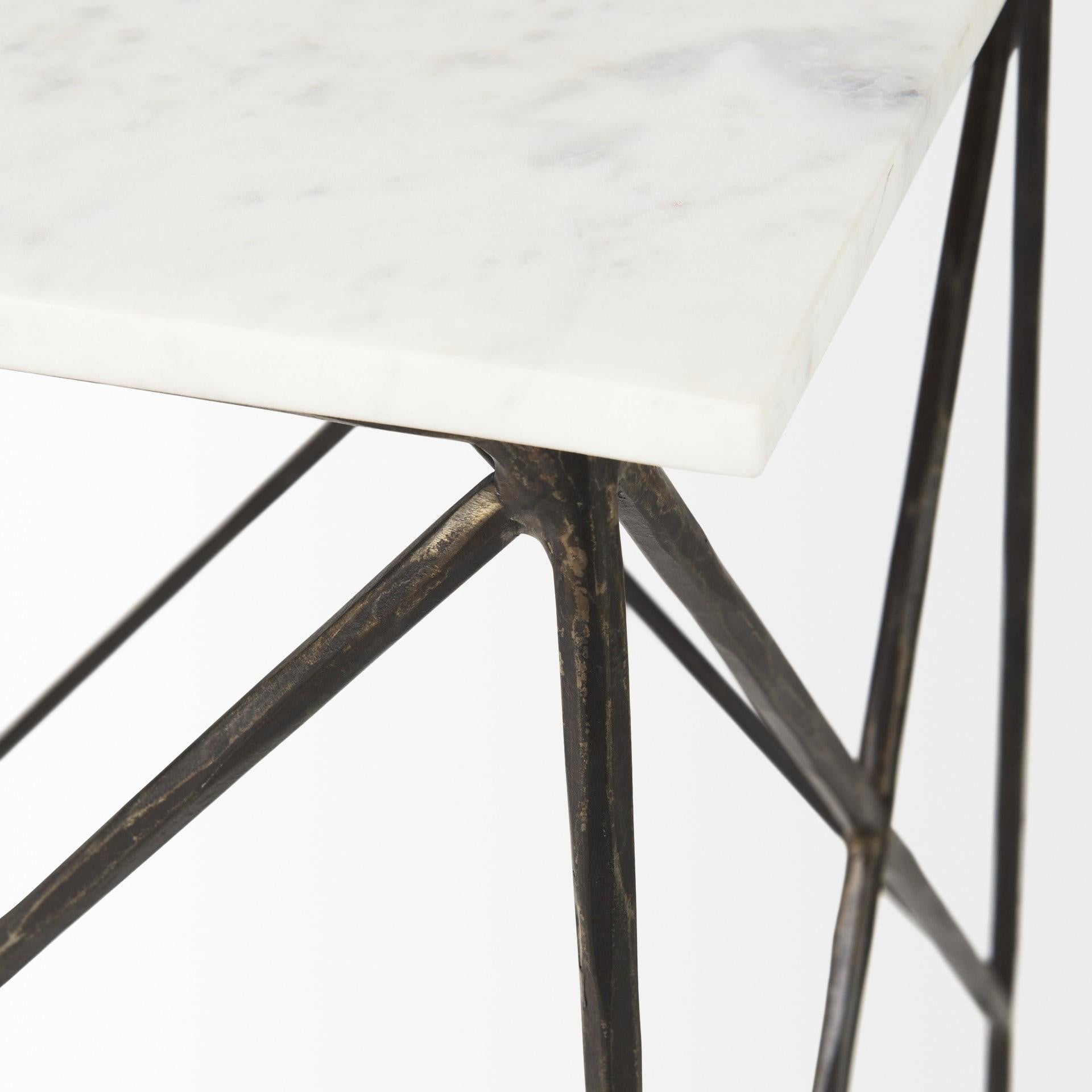 Antiqued Angular Metal and Marble End Table