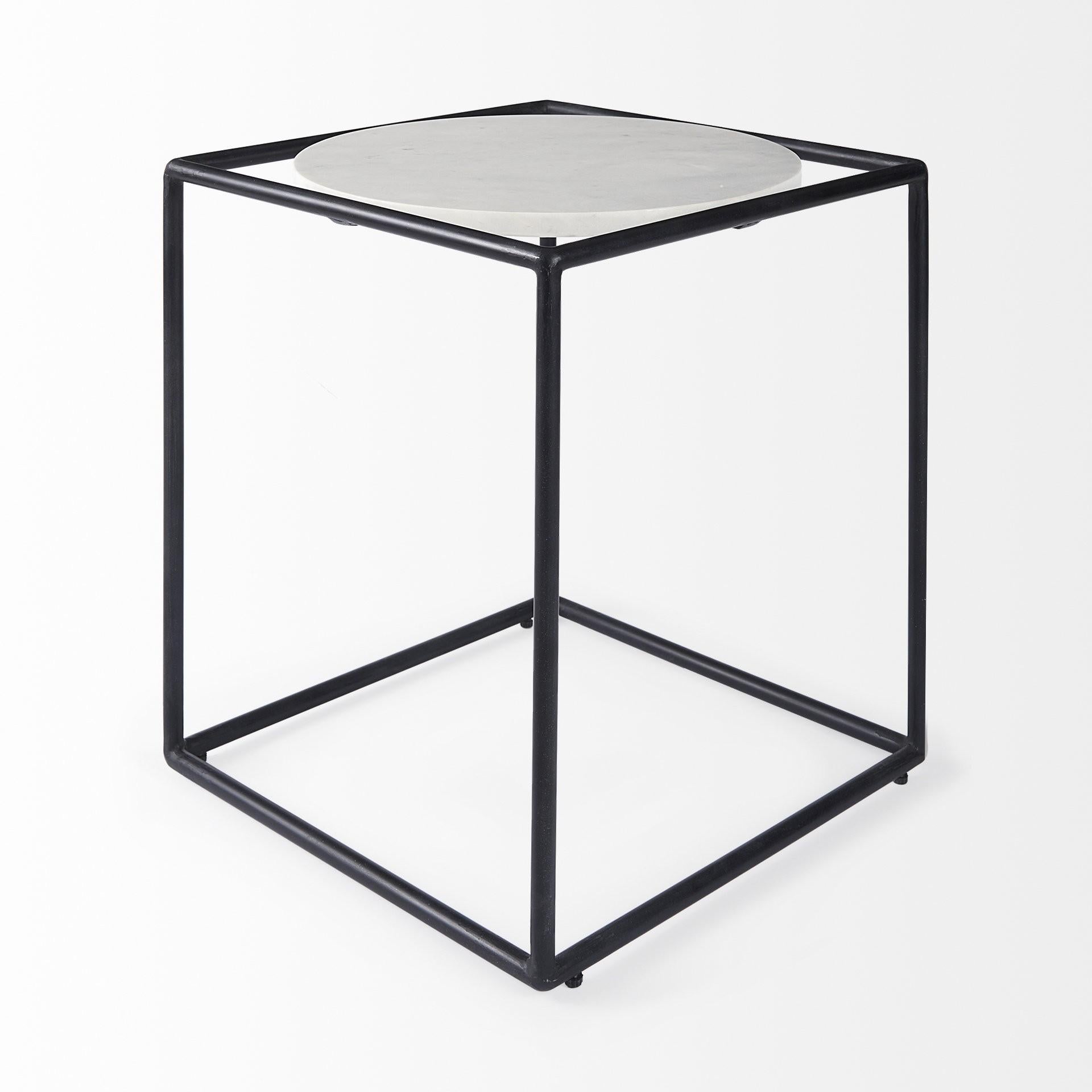 Suspended White Marble Black Metal Geo Side Table