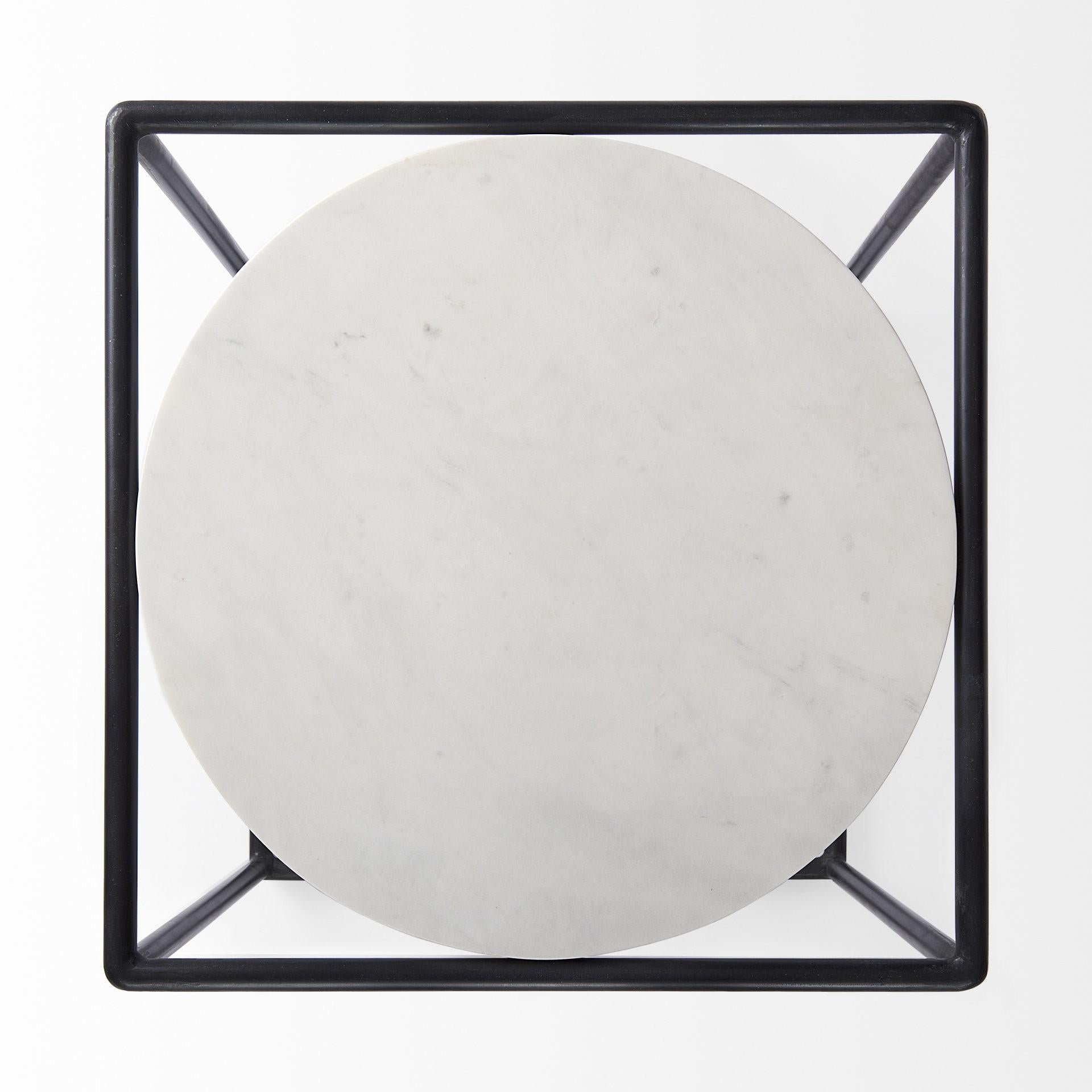 Suspended White Marble Black Metal Geo Side Table