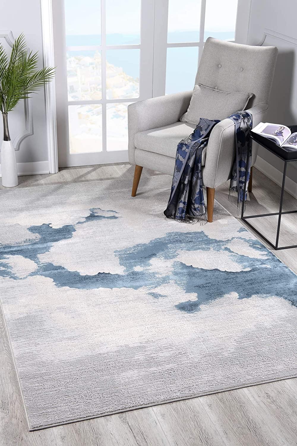 5’ x 8’ Gray and Blue Abstract Clouds Area Rug Default Title