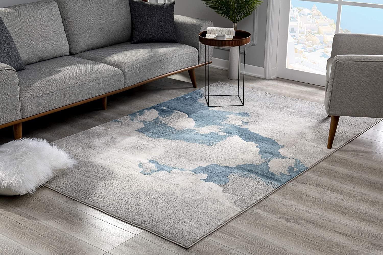 5’ x 8’ Gray and Blue Abstract Clouds Area Rug