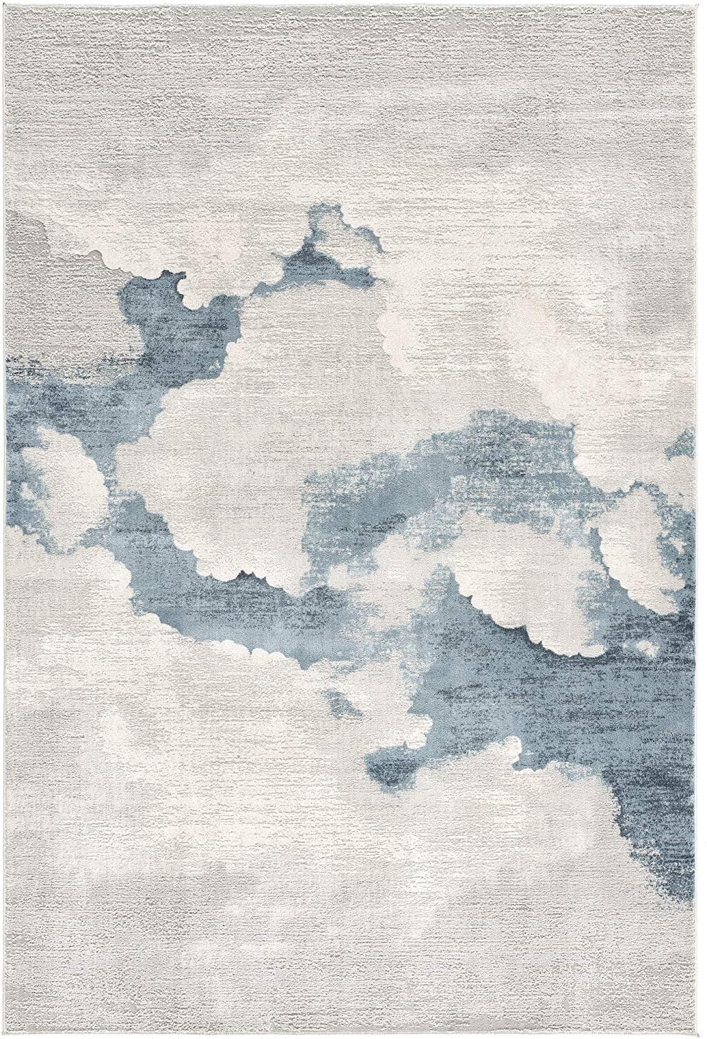 8’ x 11’ Gray and Blue Abstract Clouds Area Rug