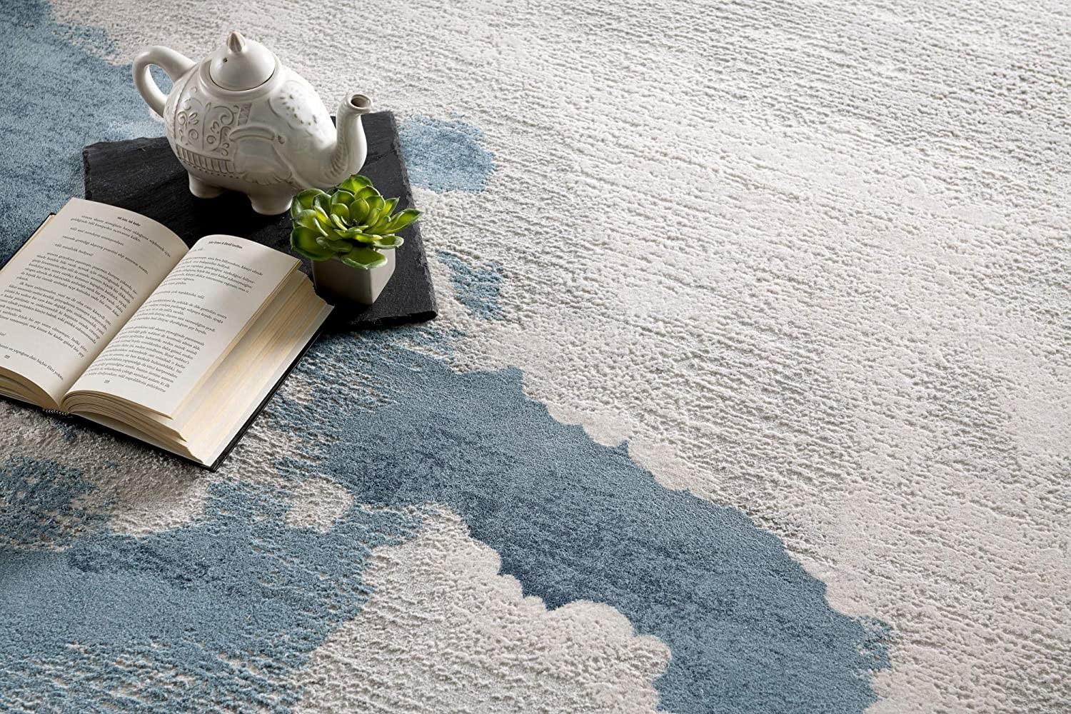 8’ x 11’ Gray and Blue Abstract Clouds Area Rug