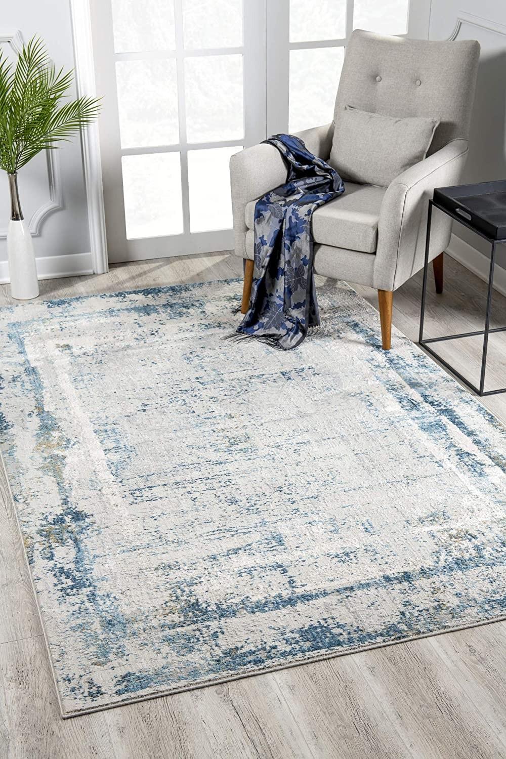 4’ x 6’ Ivory and Blue Abstract Distressed Area Rug Default Title