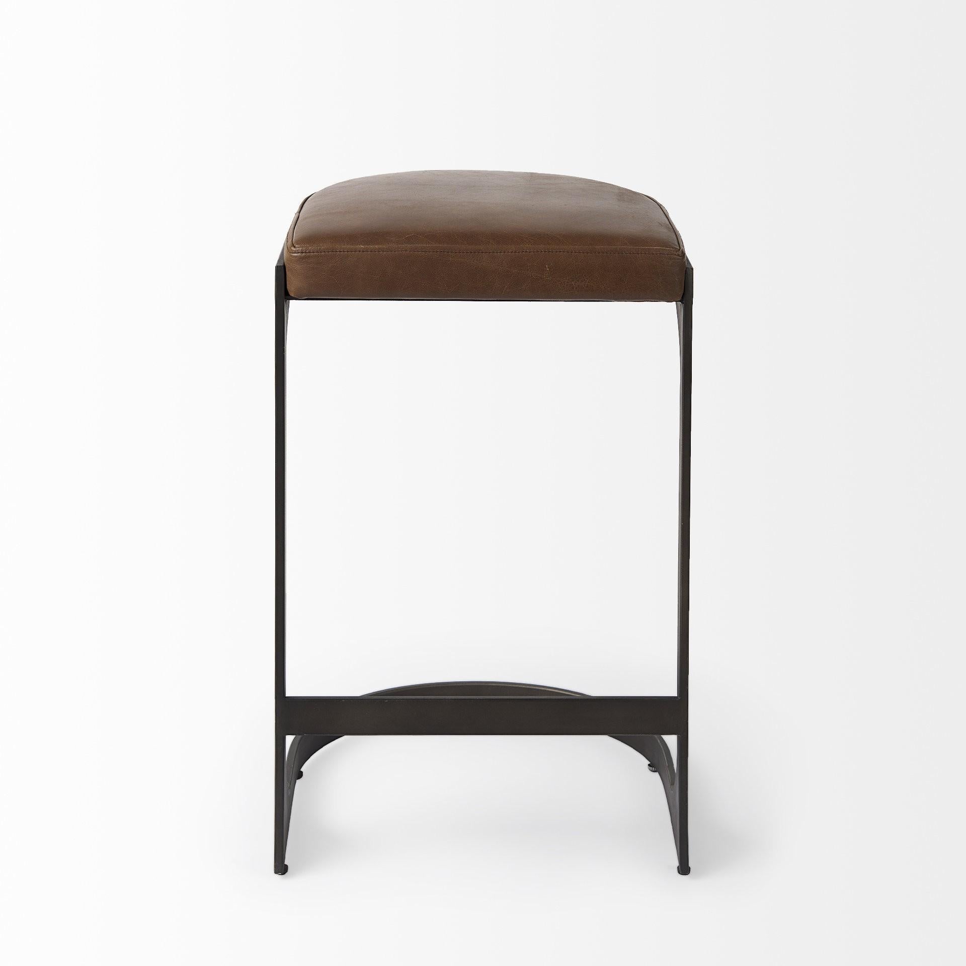 Brown Leather C Shape Metal Counter Stool