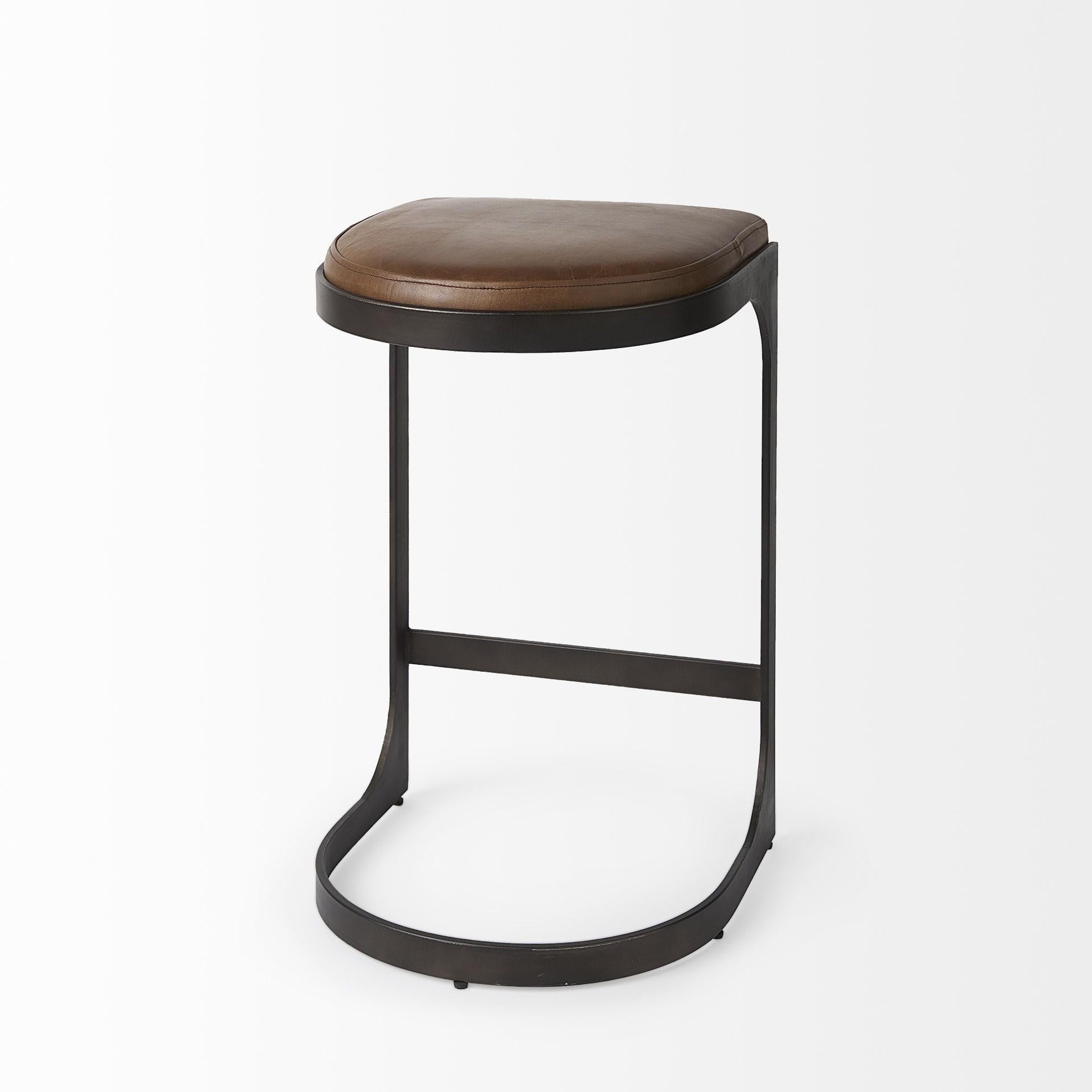 Brown Leather C Shape Metal Counter Stool