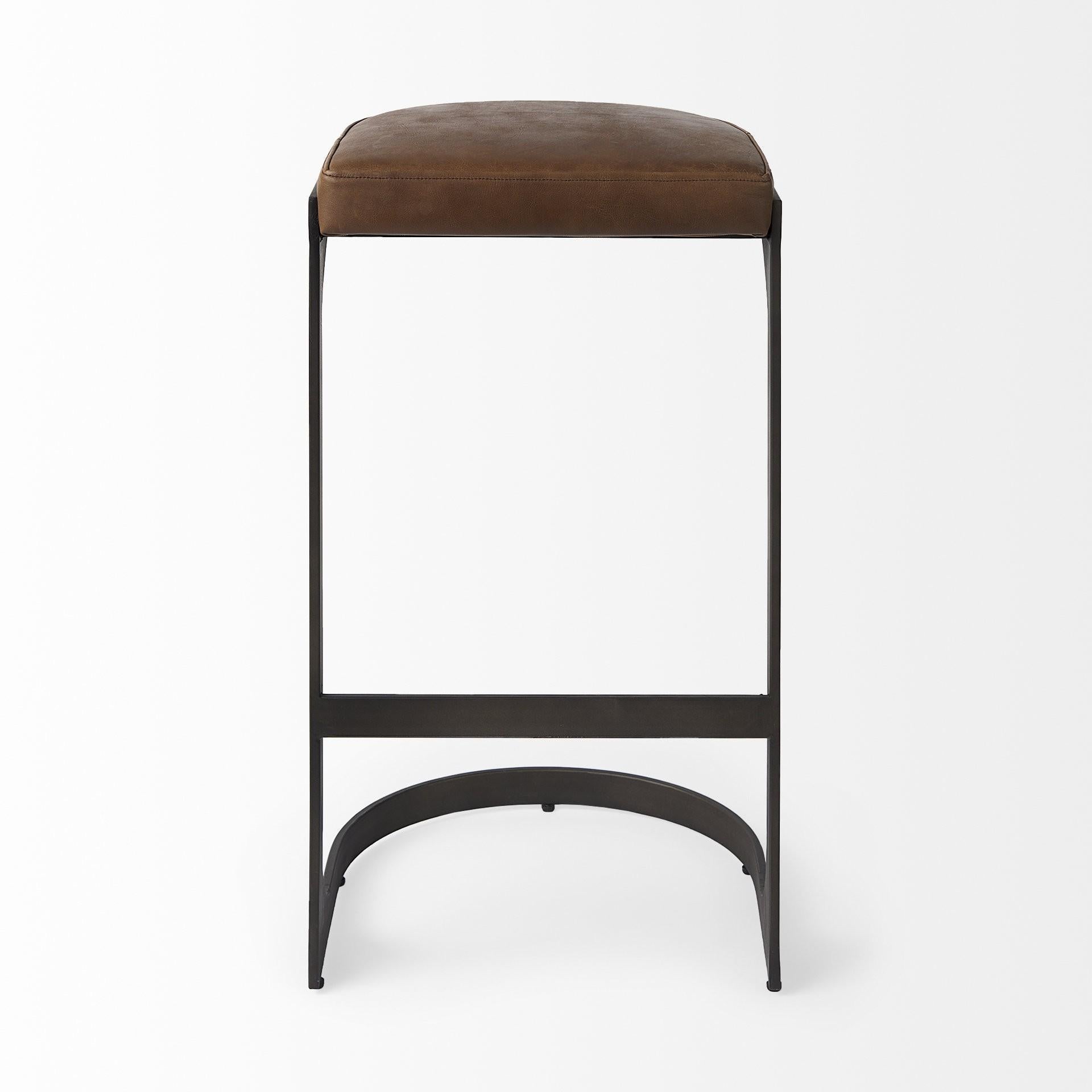 Brown Leather C Shape Metal Bar Stool