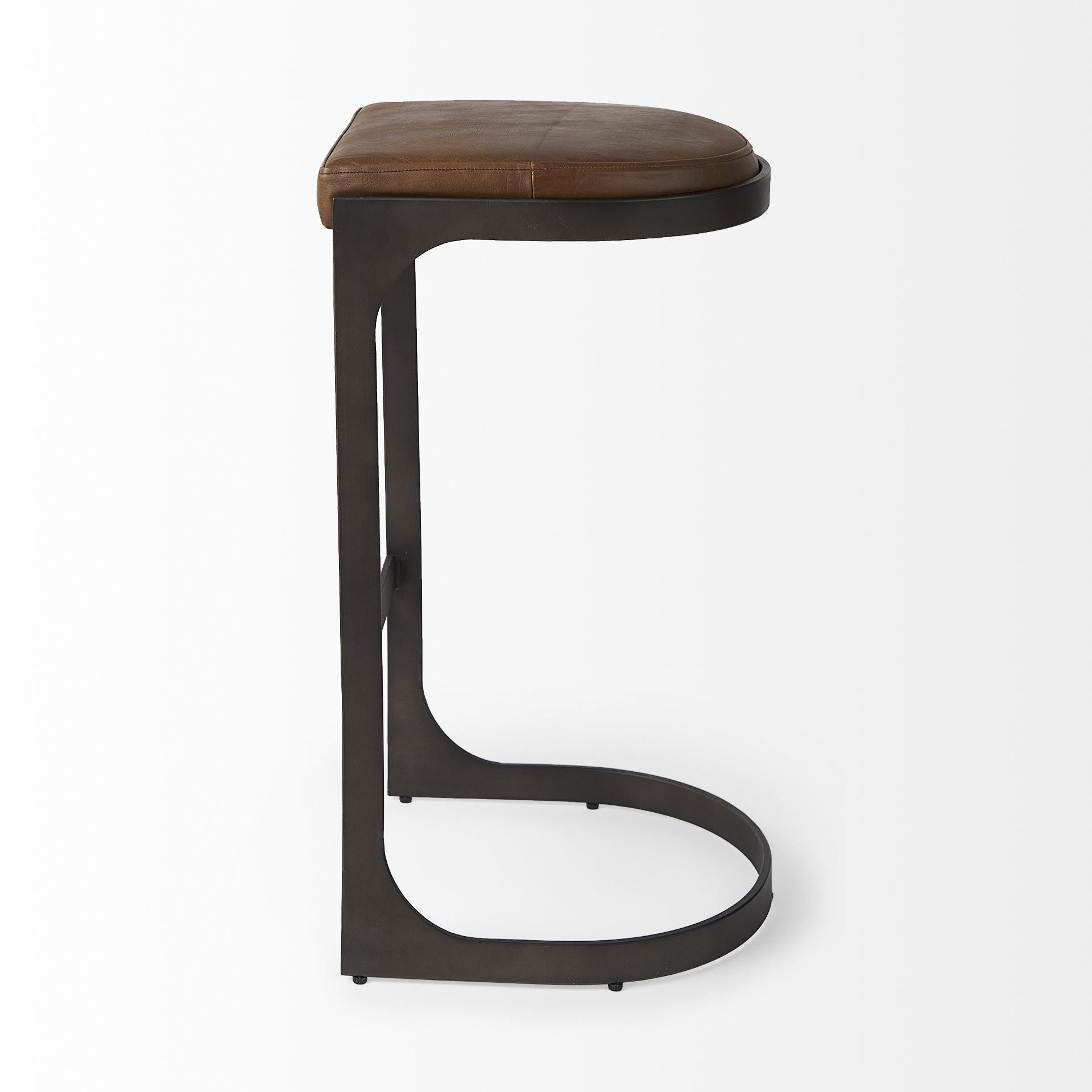 Brown Leather C Shape Metal Bar Stool