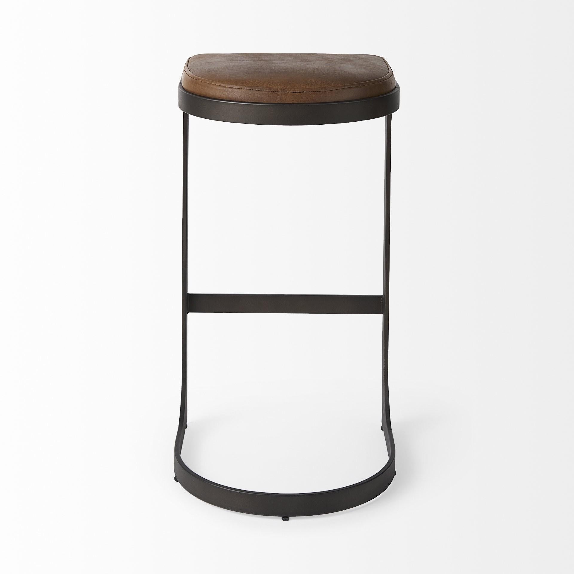 Brown Leather C Shape Metal Bar Stool