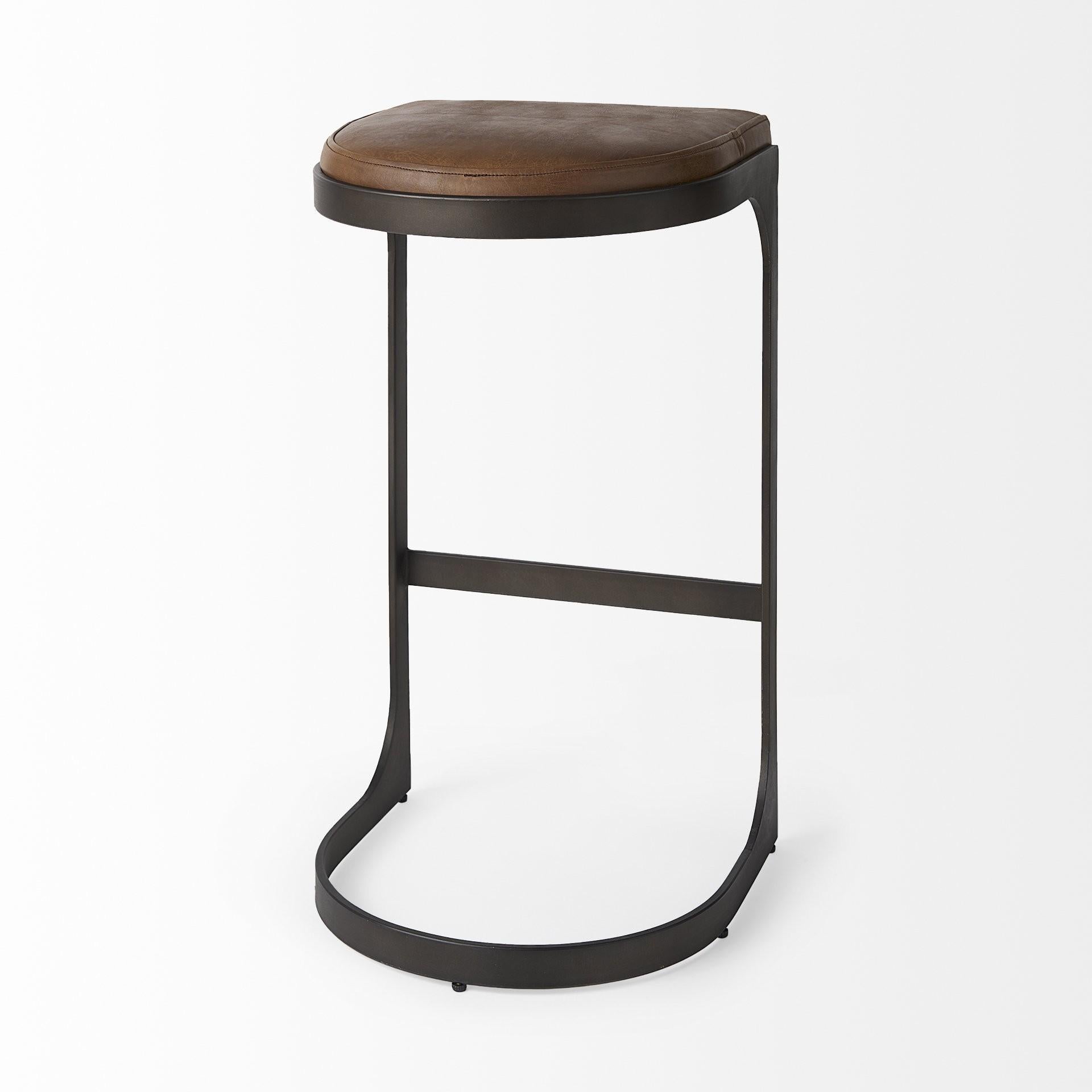 Brown Leather C Shape Metal Bar Stool