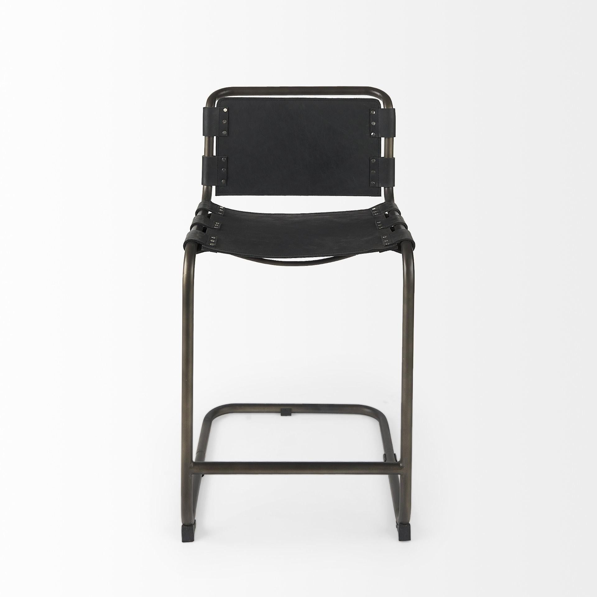 Black Leather Iron Framed Counter Stool