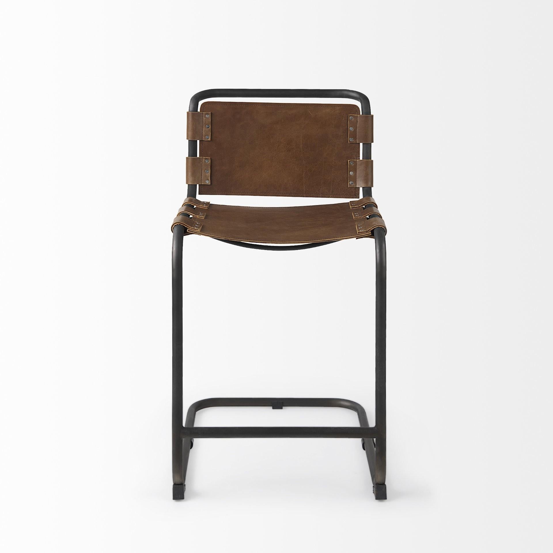 Light Brown Leather Iron Framed Counter Stool