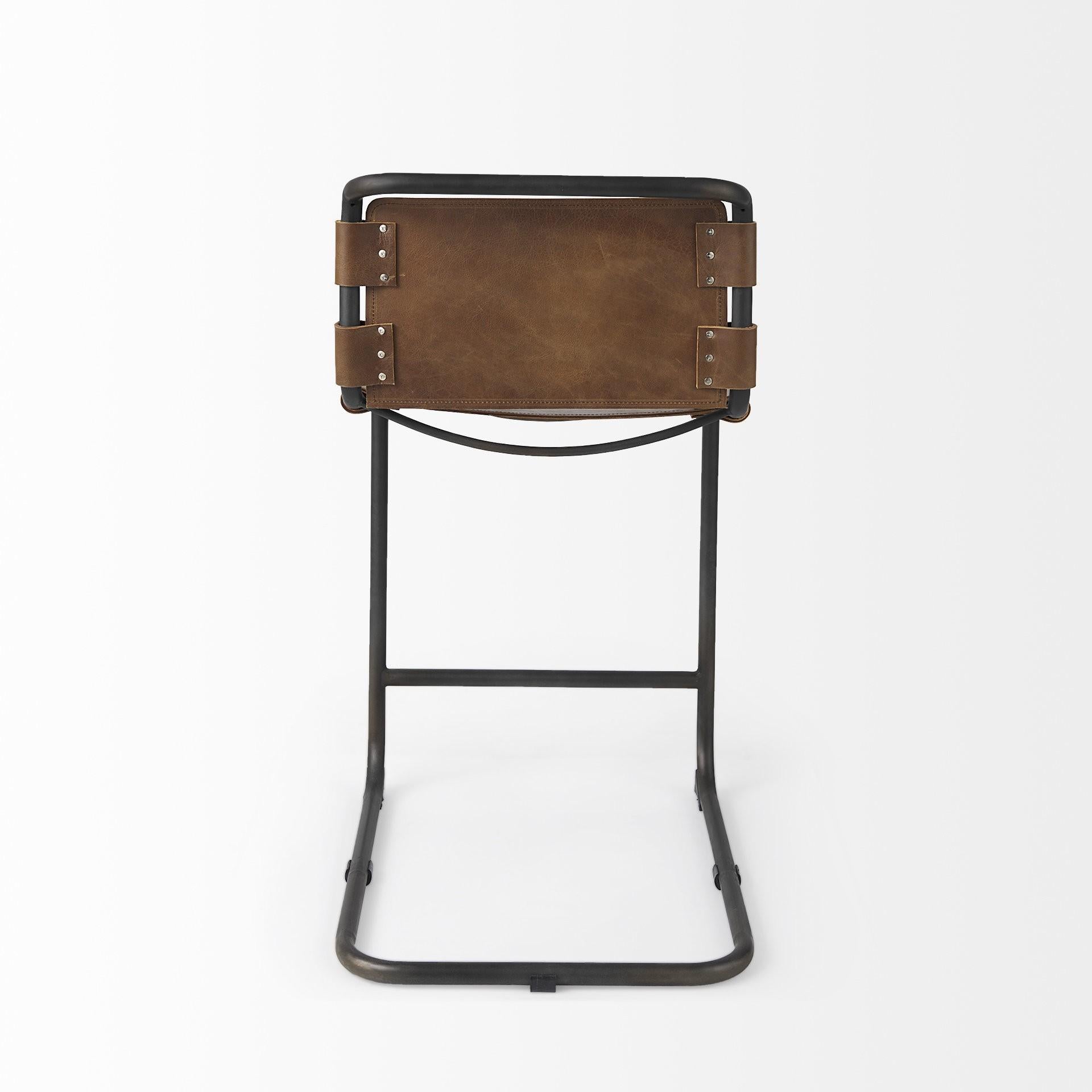 Light Brown Leather Iron Framed Counter Stool