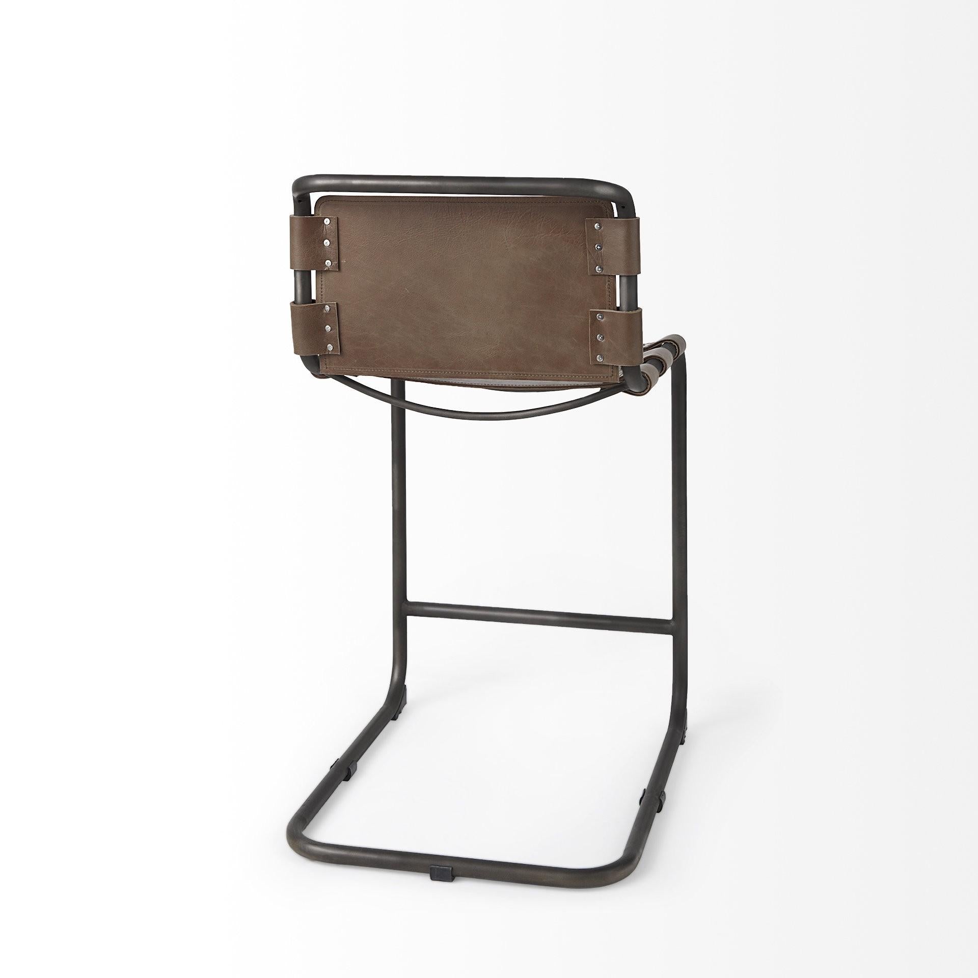 Light Brown Leather Iron Framed Counter Stool