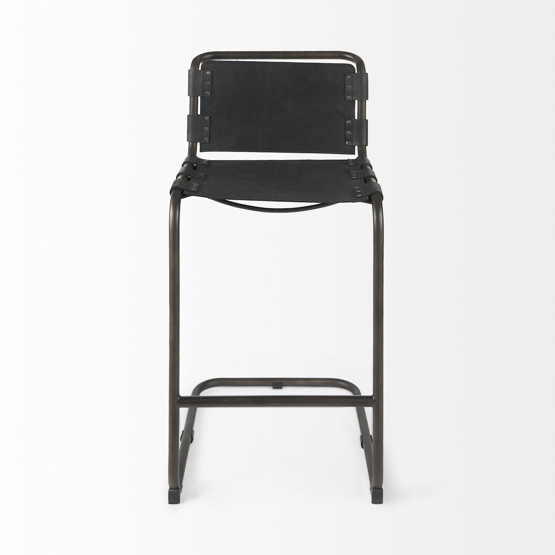 Black Leather Iron Framed Bar Stool