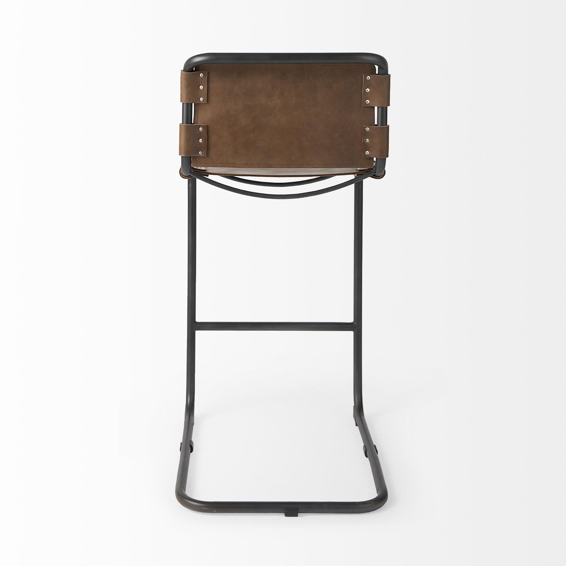 Light Brown Leather Iron Framed Bar Stool