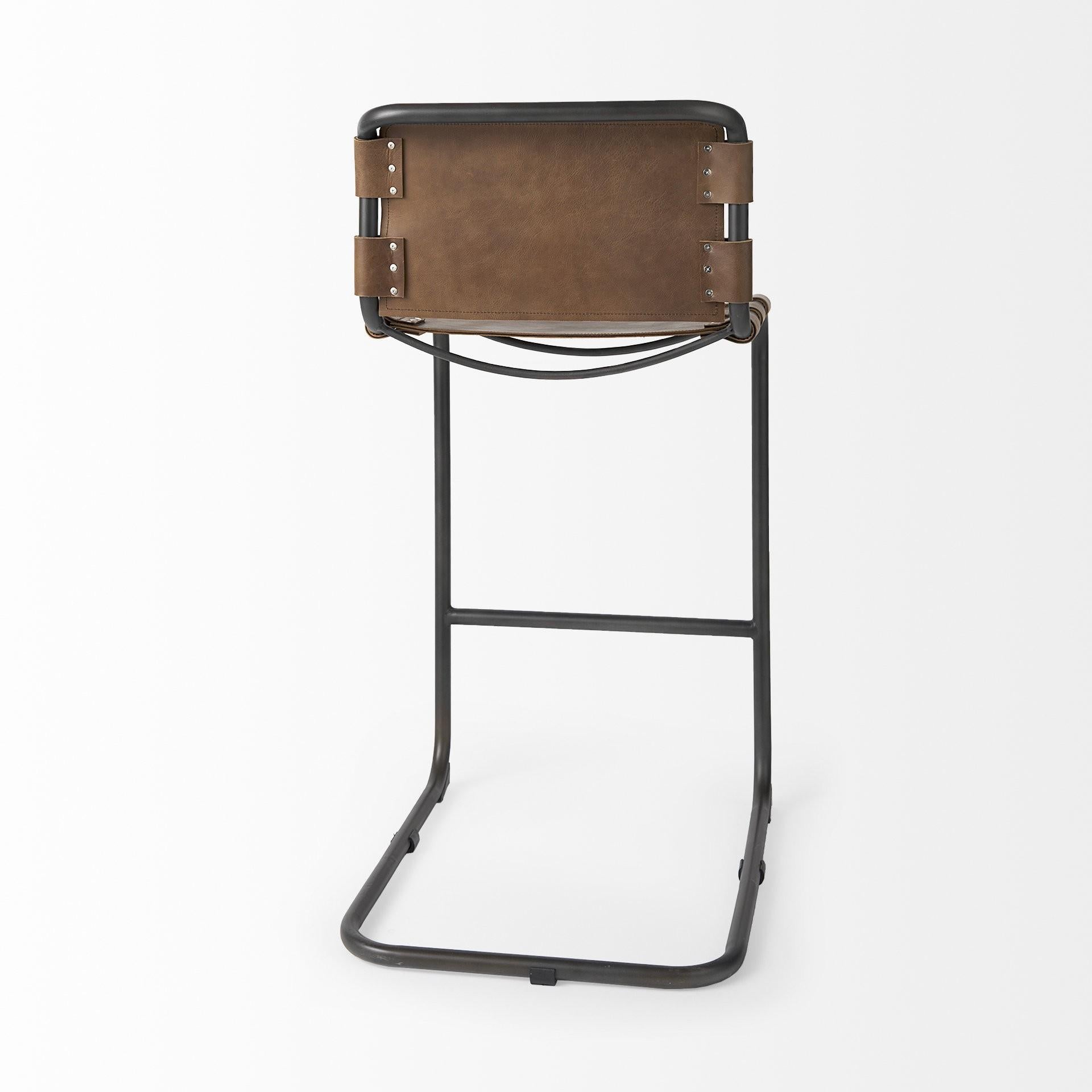 Light Brown Leather Iron Framed Bar Stool