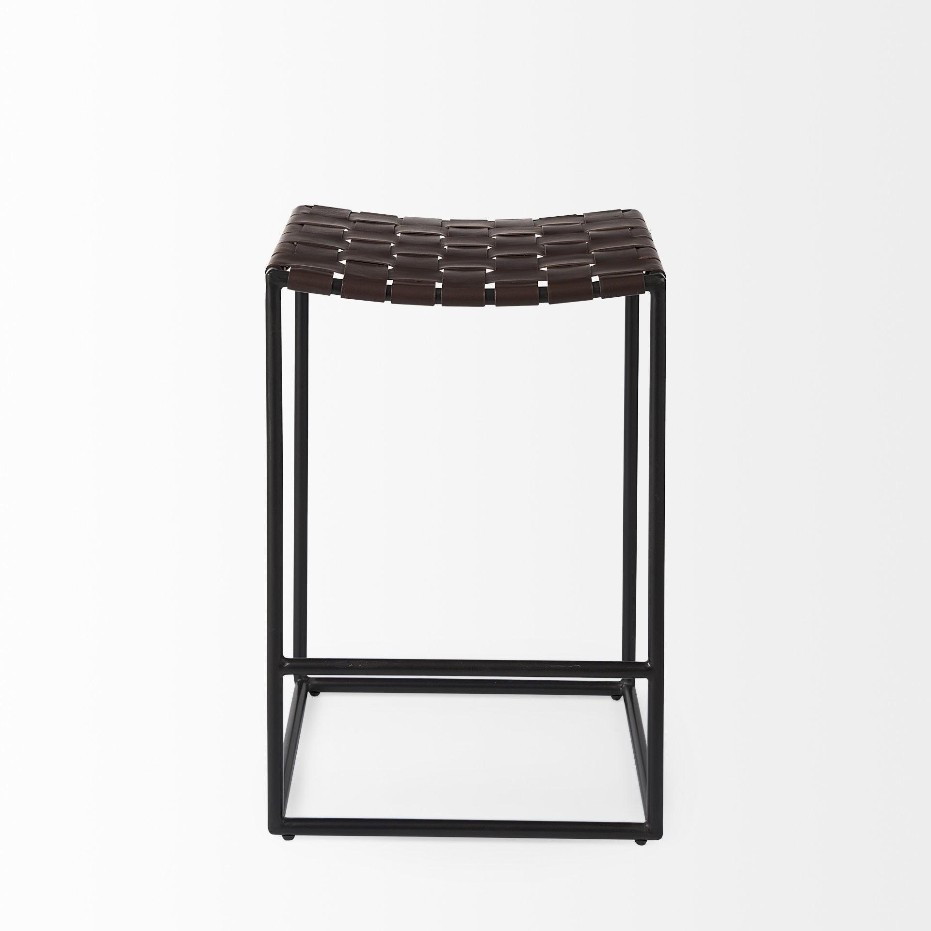 Dark Brown Woven Leather Counter Stool