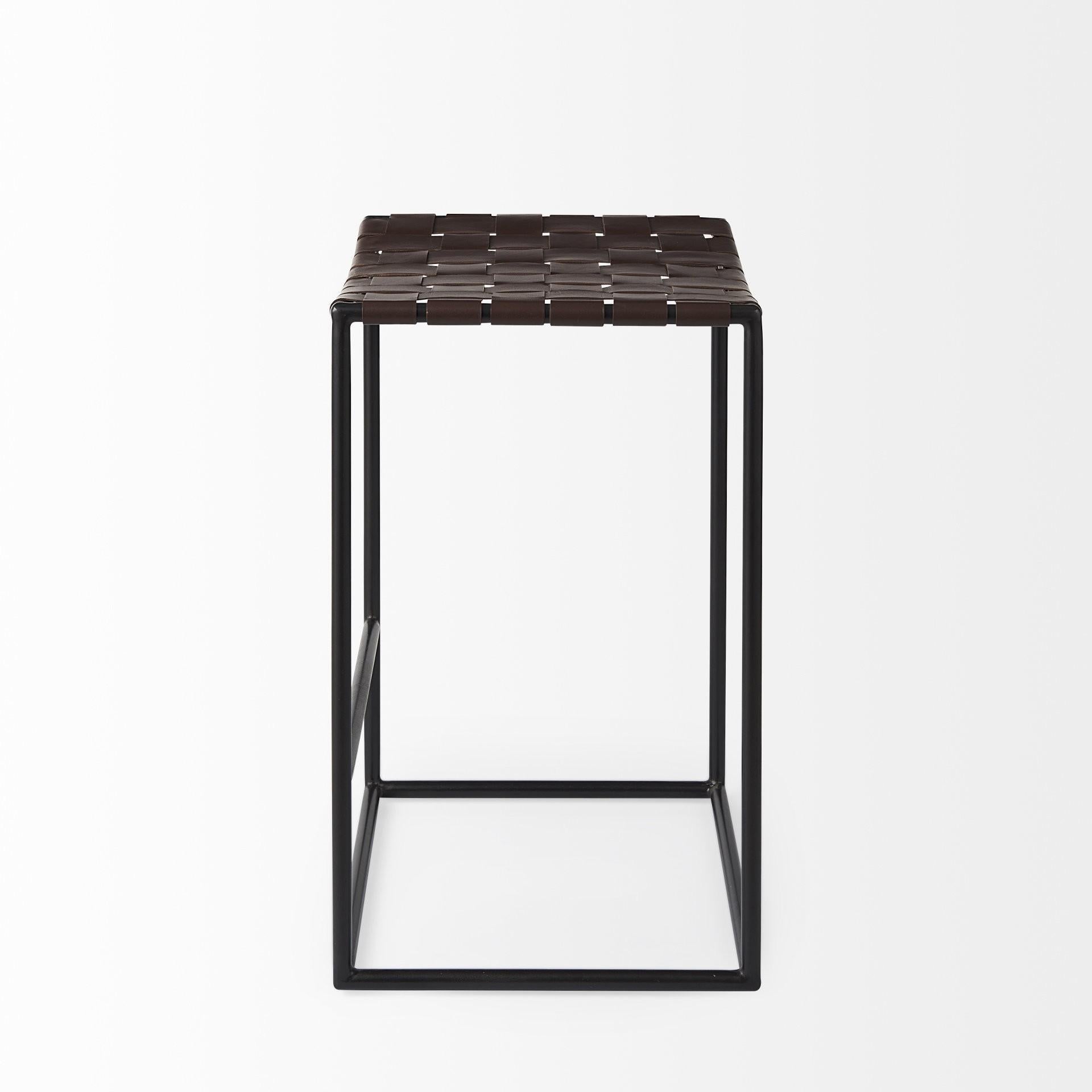 Dark Brown Woven Leather Counter Stool