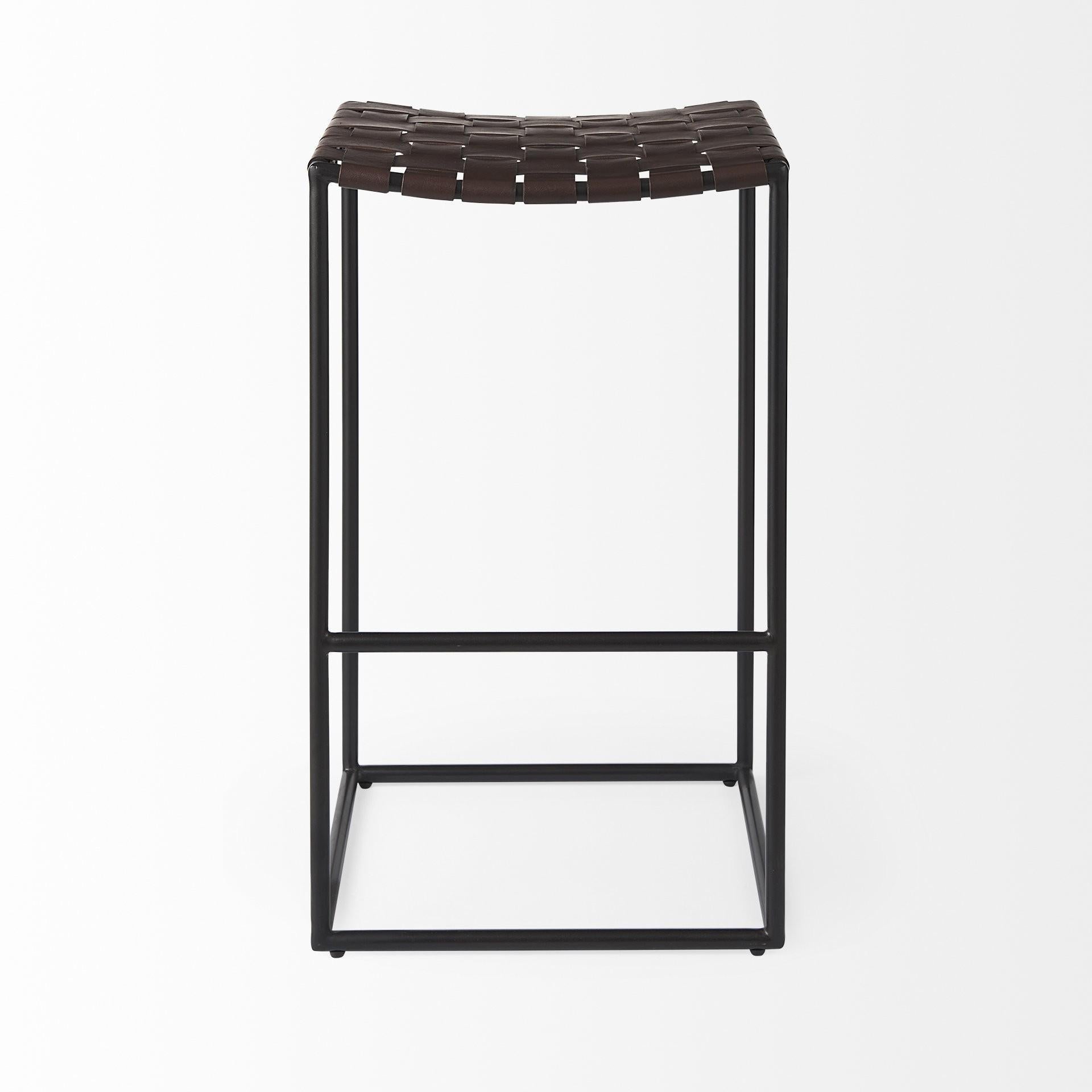 Dark Brown Woven Leather Bar Stool