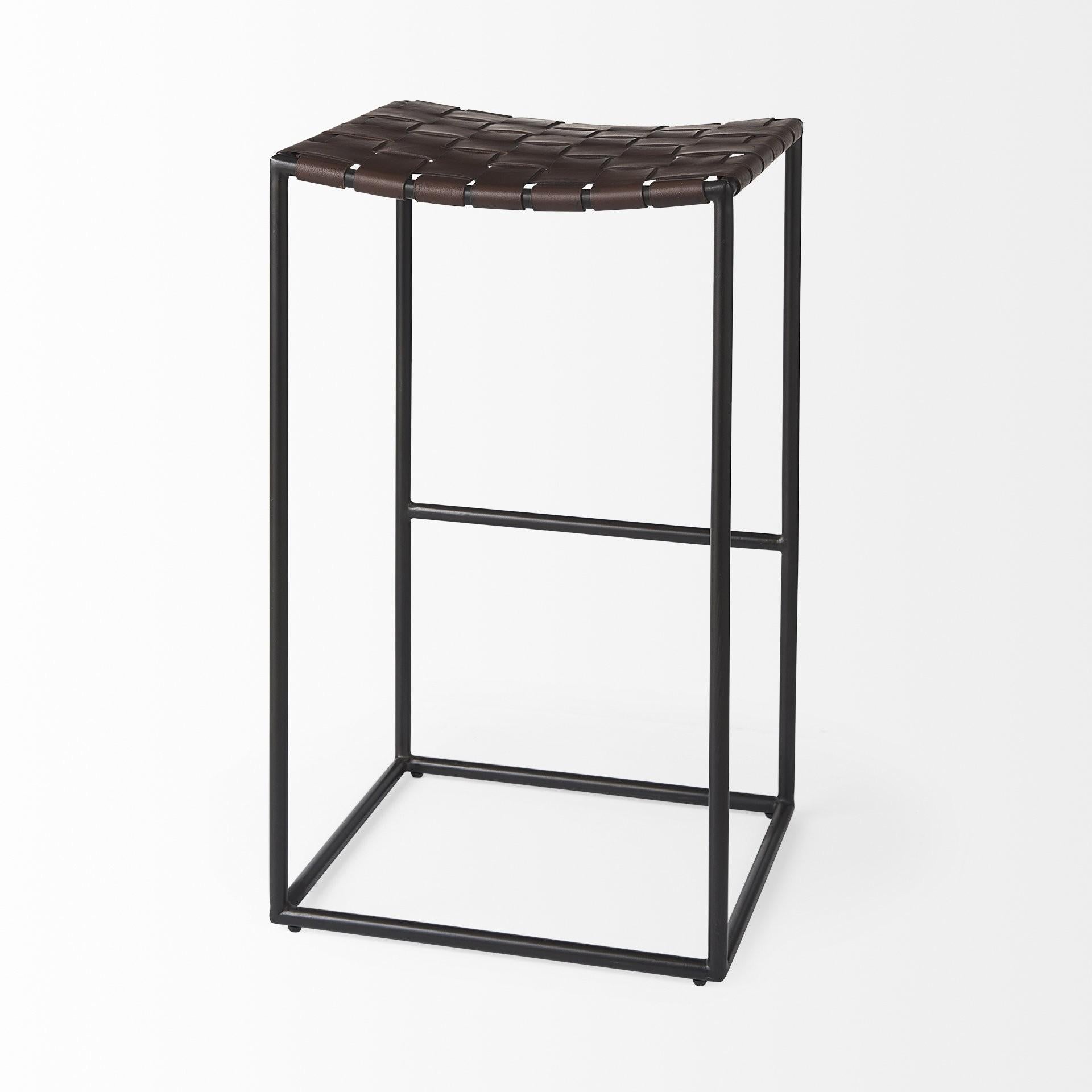 Dark Brown Woven Leather Bar Stool