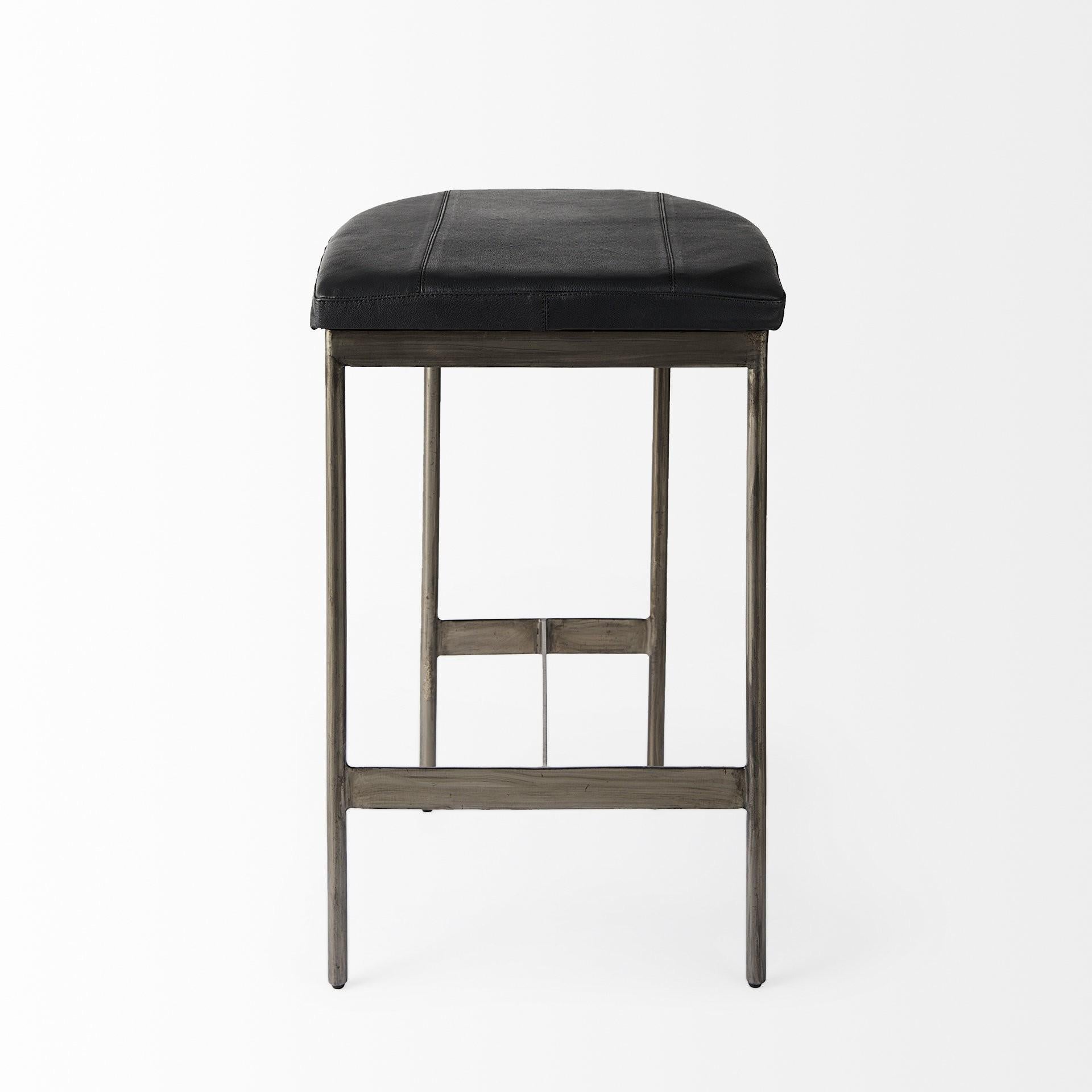 Black Leather Counter Stool with Gold Metal Frame