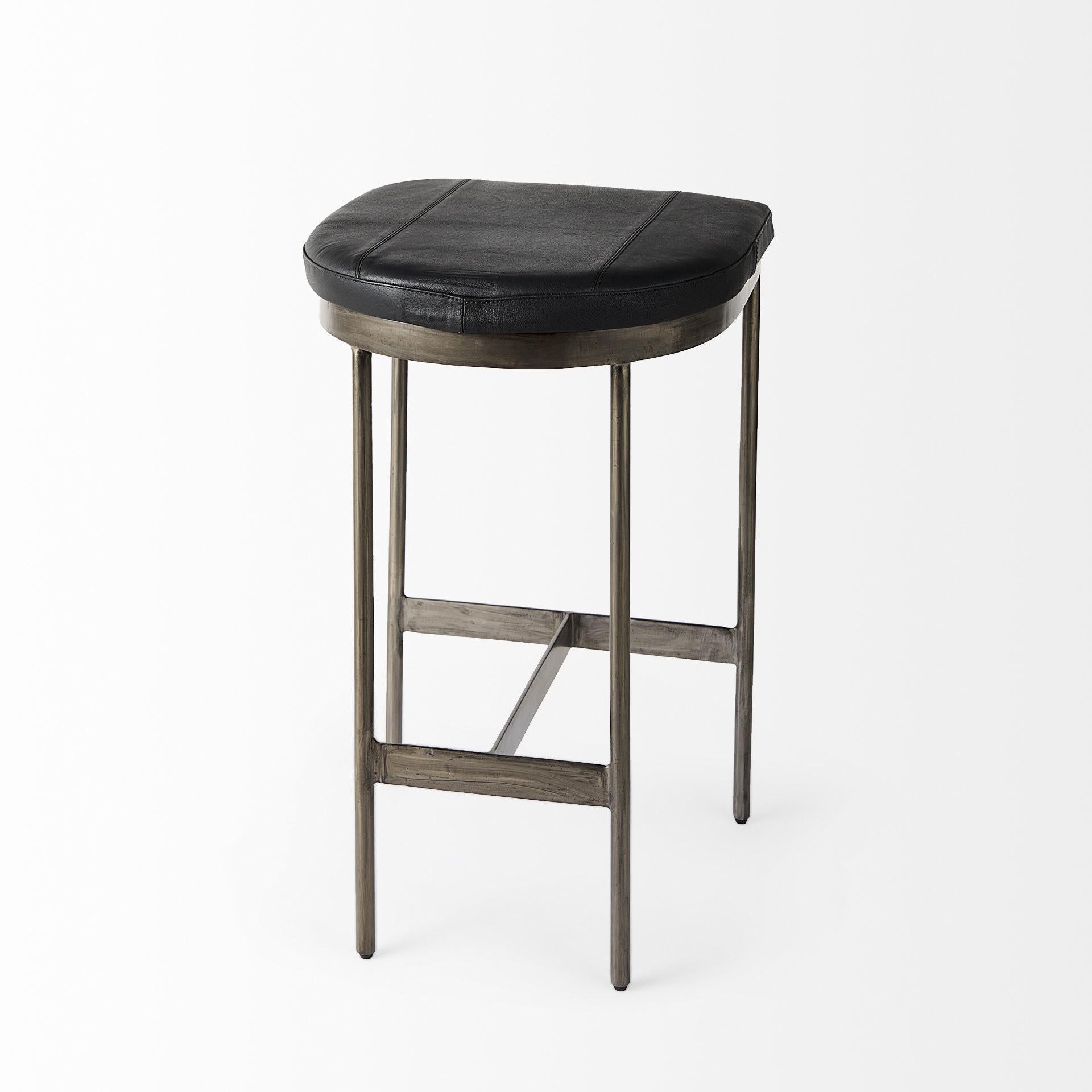 Black Leather Counter Stool with Gold Metal Frame