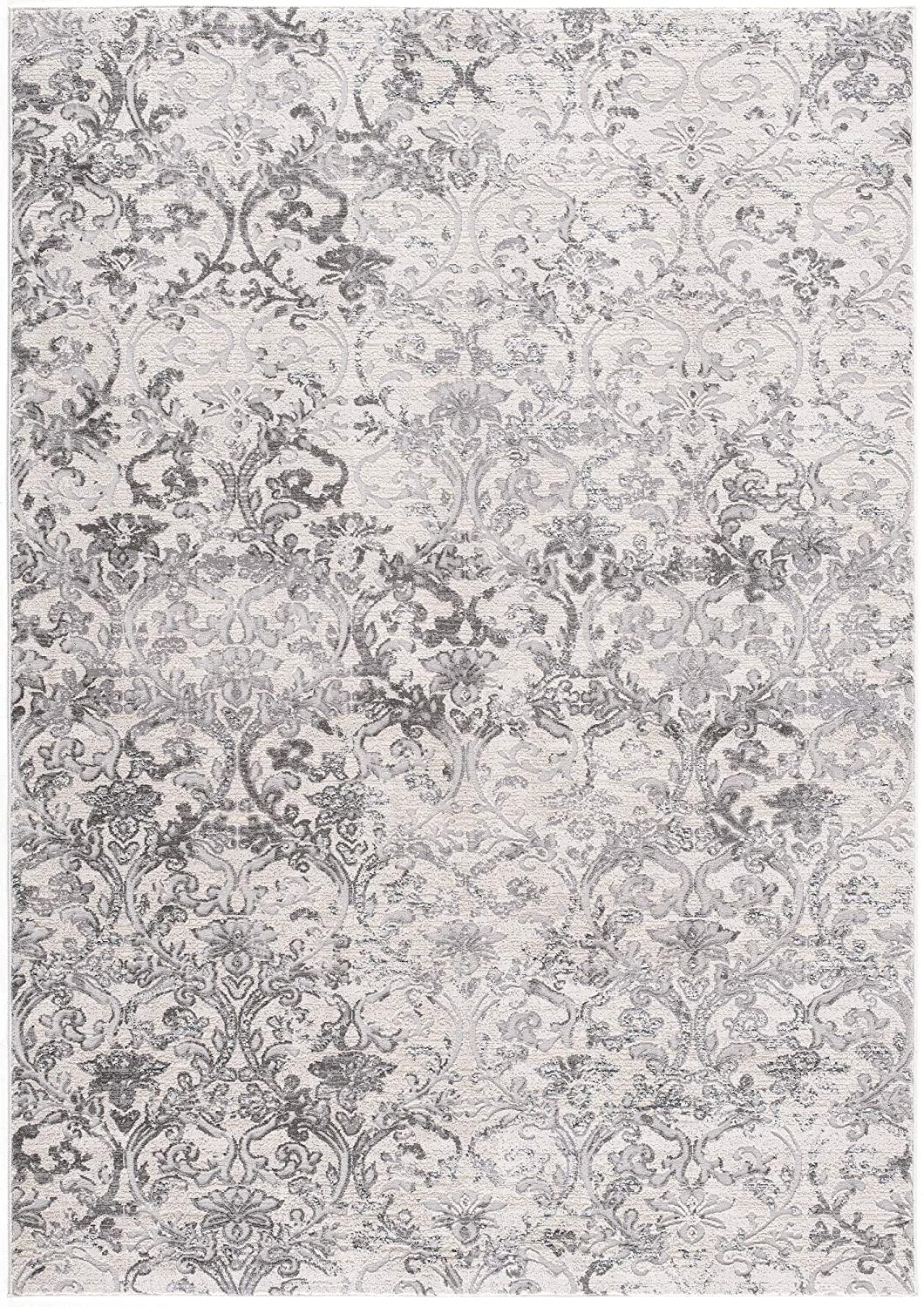 8’ x 11’ Cream and Gray Faded Filigree Area Rug