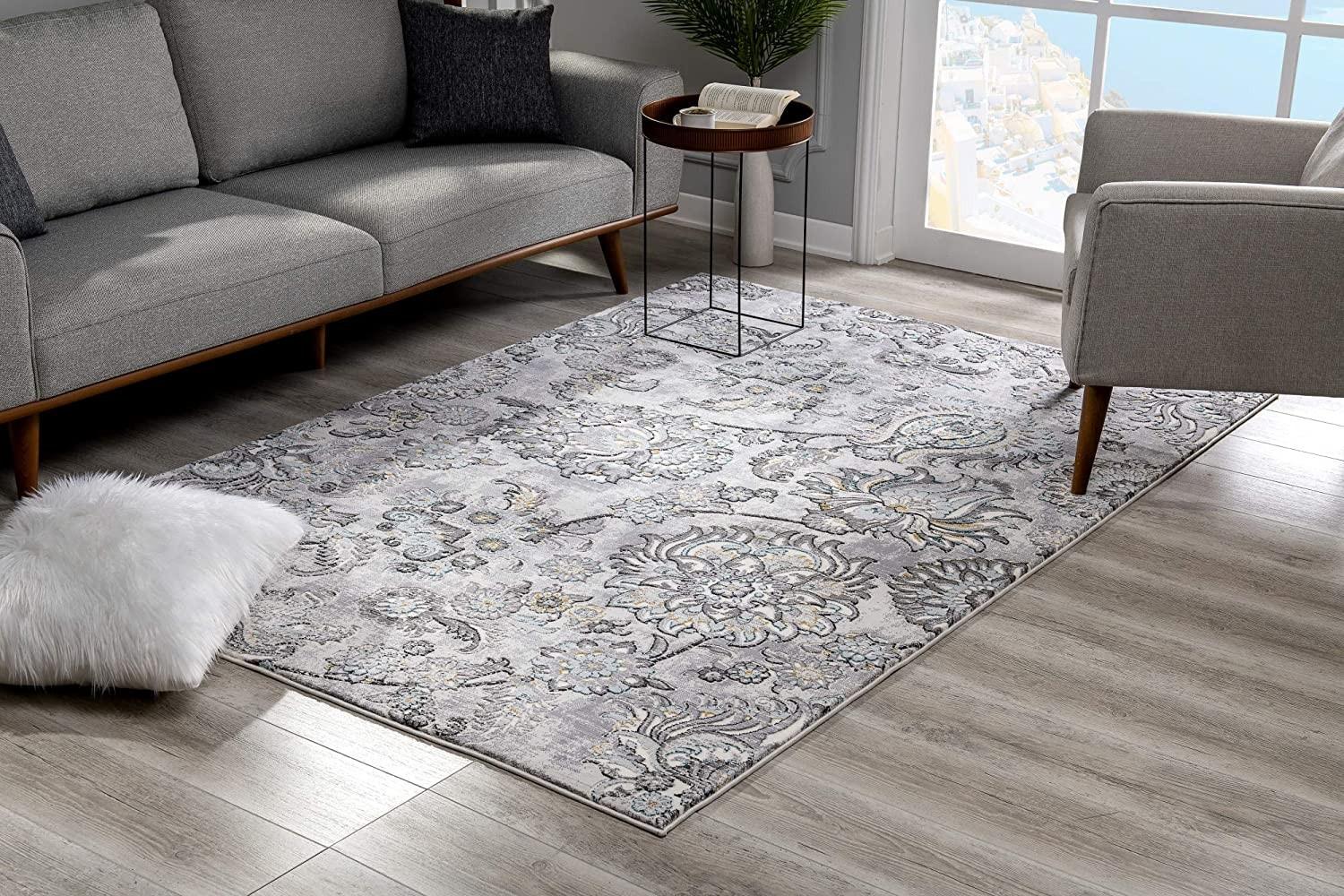 9’ x 12’ Gray Modern Jacobean Floral Area Rug