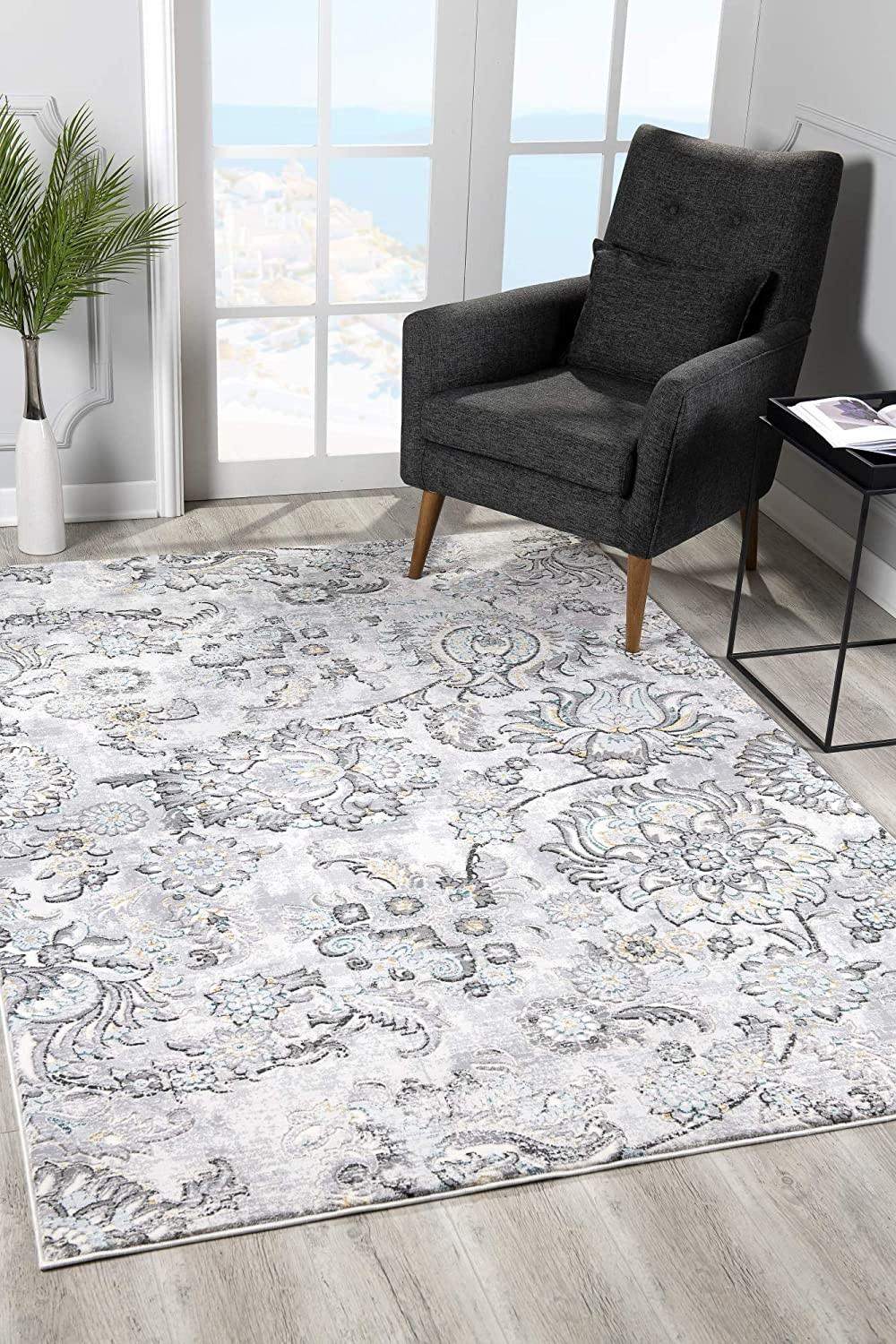 9’ x 12’ Gray Modern Jacobean Floral Area Rug