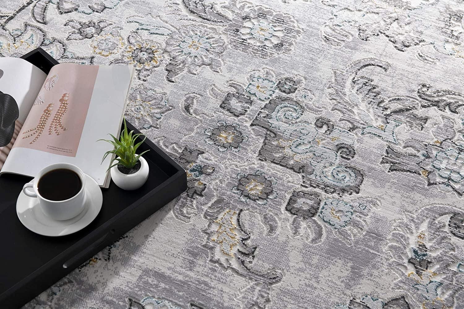 9’ x 12’ Gray Modern Jacobean Floral Area Rug