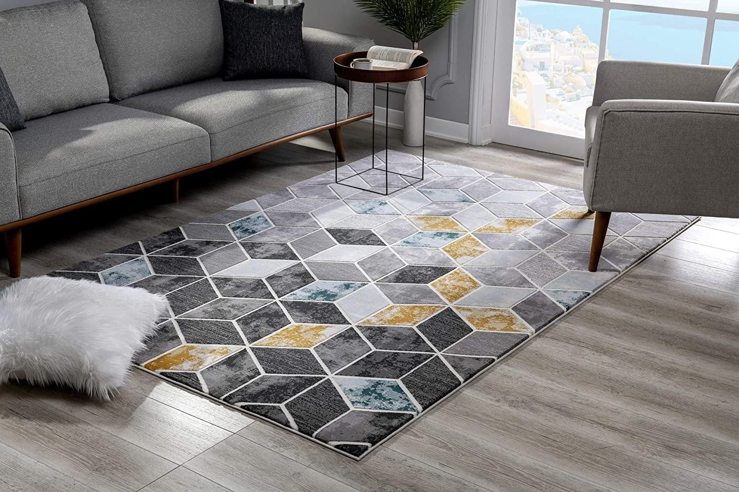 5’ x 8’ Gray and Gold Cubic Block Area Rug Default Title