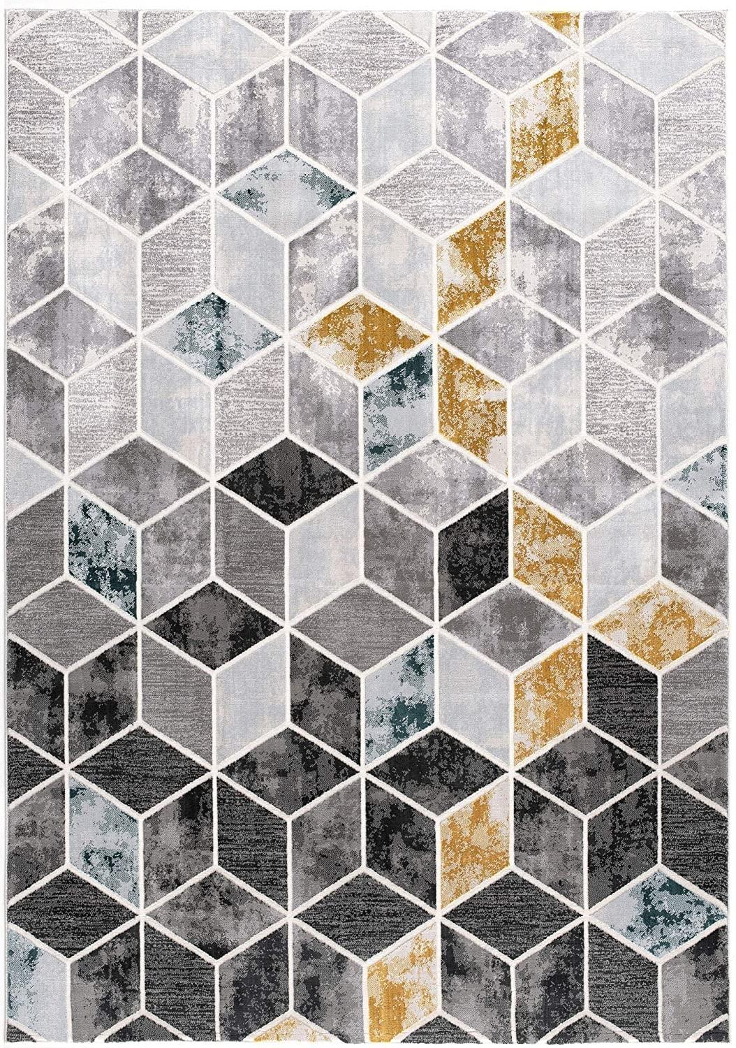 8’ x 11’ Gray and Gold Cubic Block Area Rug