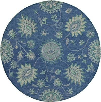 6’ Round Navy and Green Floral Vines Area Rug