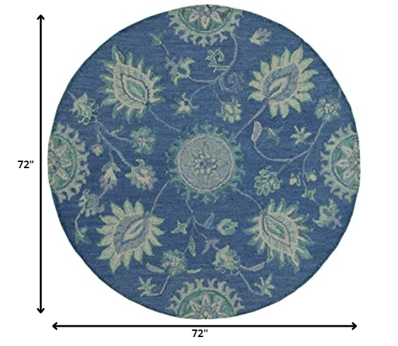 6’ Round Navy and Green Floral Vines Area Rug Default Title