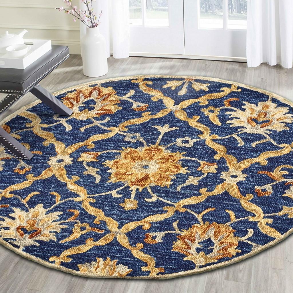 4’ Round Navy and Gold Ornate Lattice Area Rug