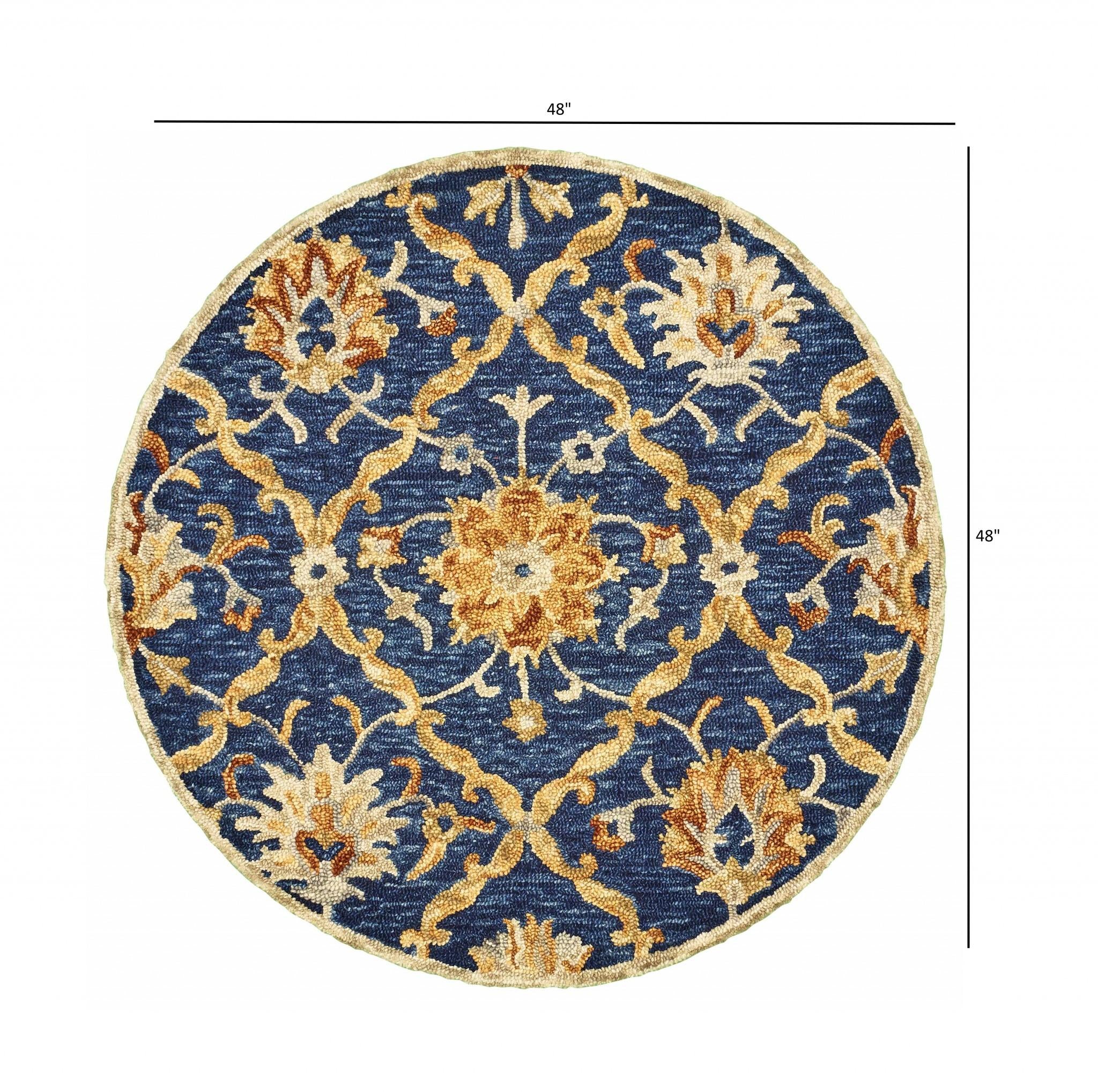 4’ Round Navy and Gold Ornate Lattice Area Rug