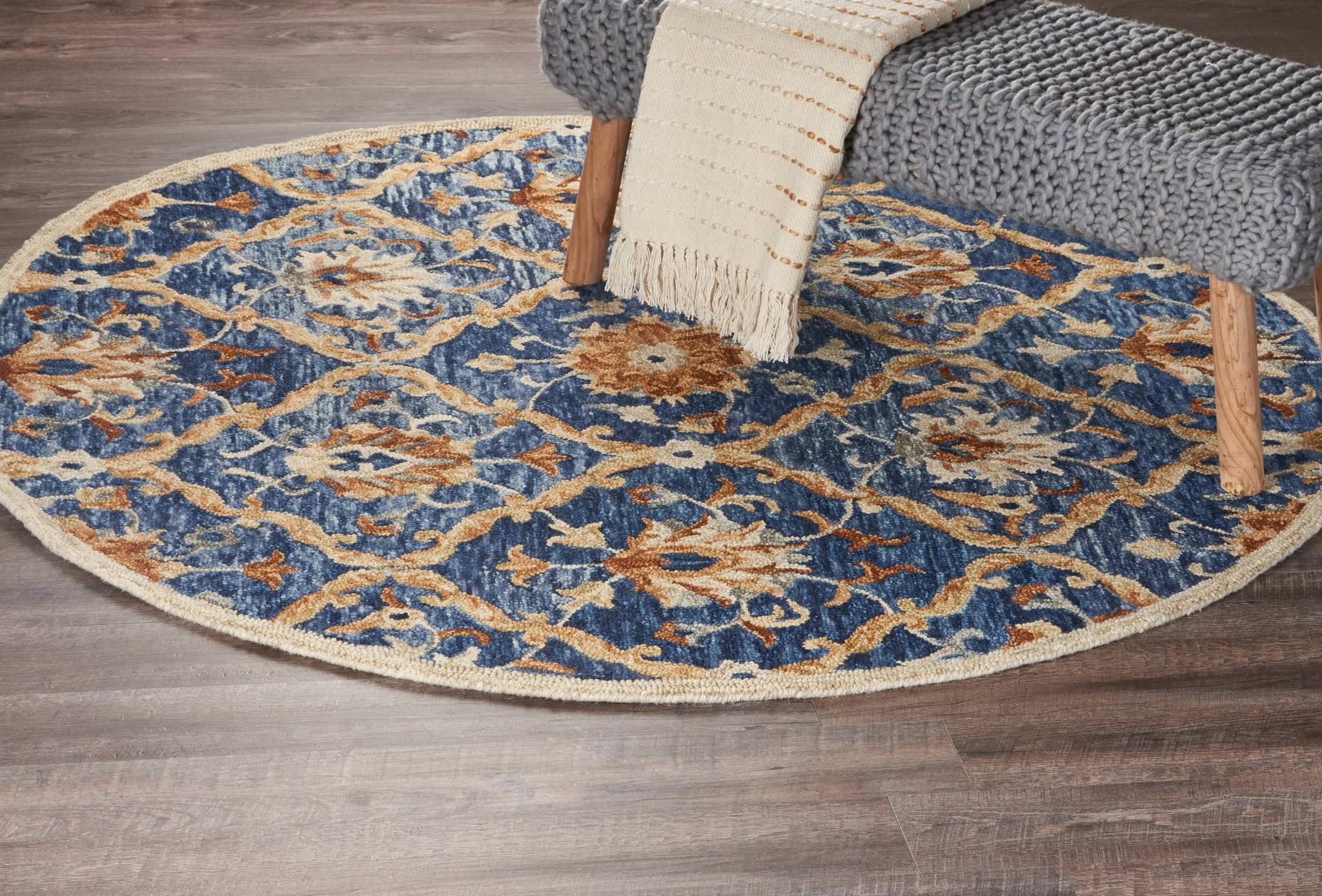 6’ Round Navy and Gold Ornate Lattice Area Rug