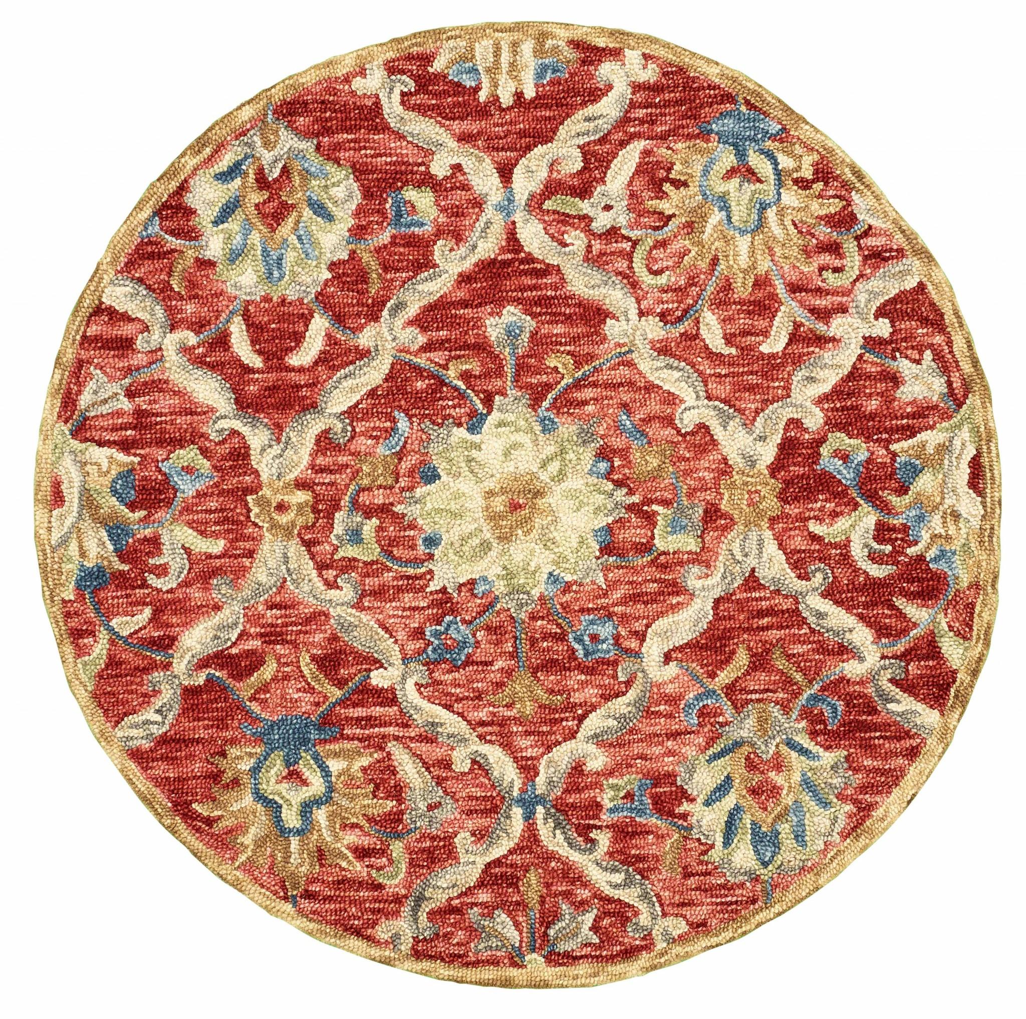 6’ Round Red and Beige Ornate Lattice Area Rug Default Title