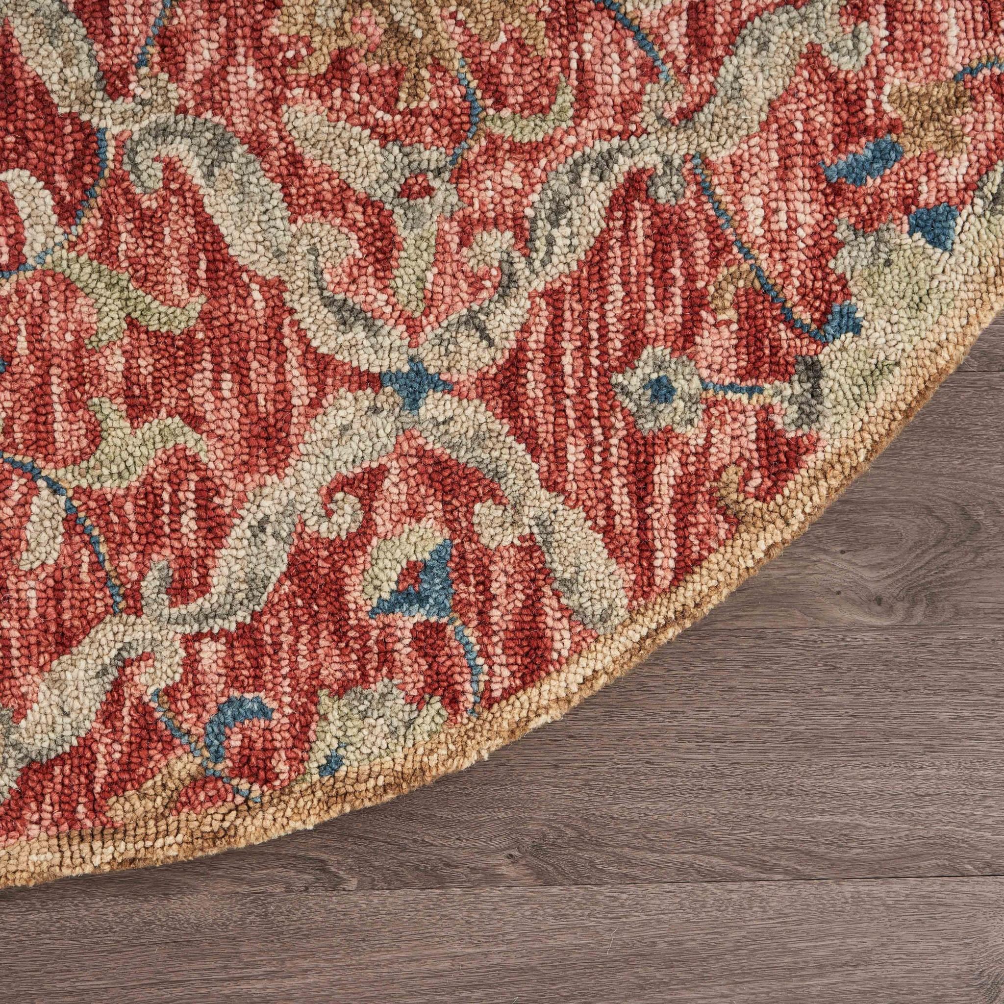 6’ Round Red and Beige Ornate Lattice Area Rug