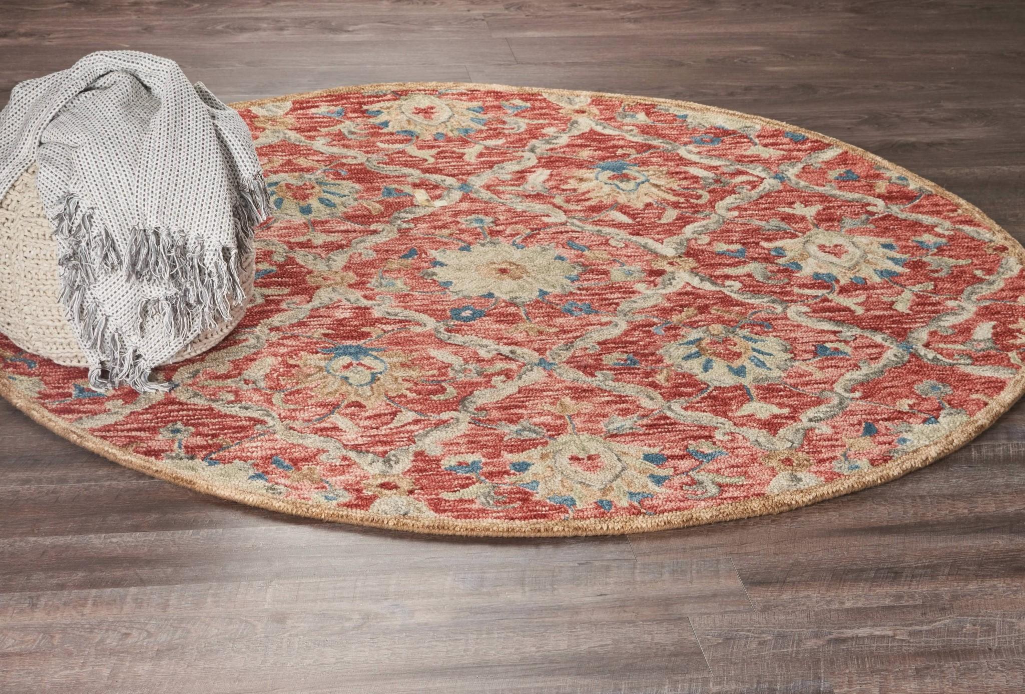 6’ Round Red and Beige Ornate Lattice Area Rug