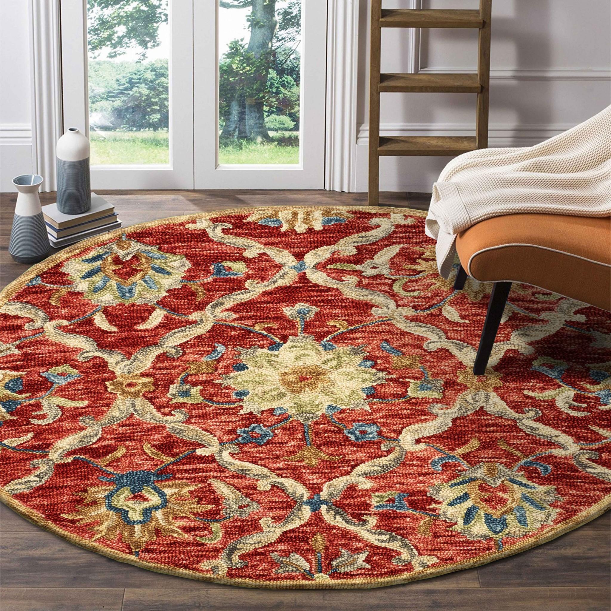6’ Round Red and Beige Ornate Lattice Area Rug